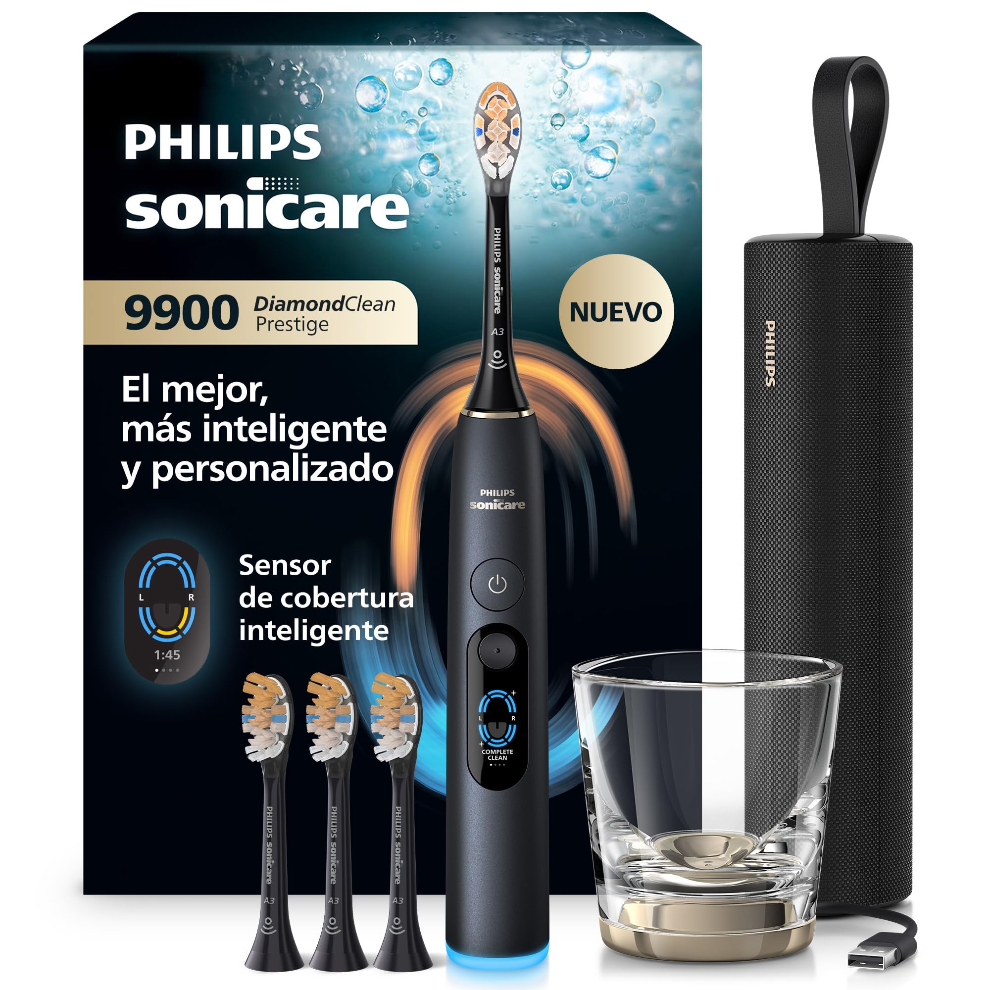 Philips Sonicare Next-Generation DiamondClean 9900 Prestige Cepillo de dientes eléctrico - con SenseIQ, Smart Coverage Feedback, Smart Pressure Feedback y 24 ajustes, negro cuarzo, HX9815/92