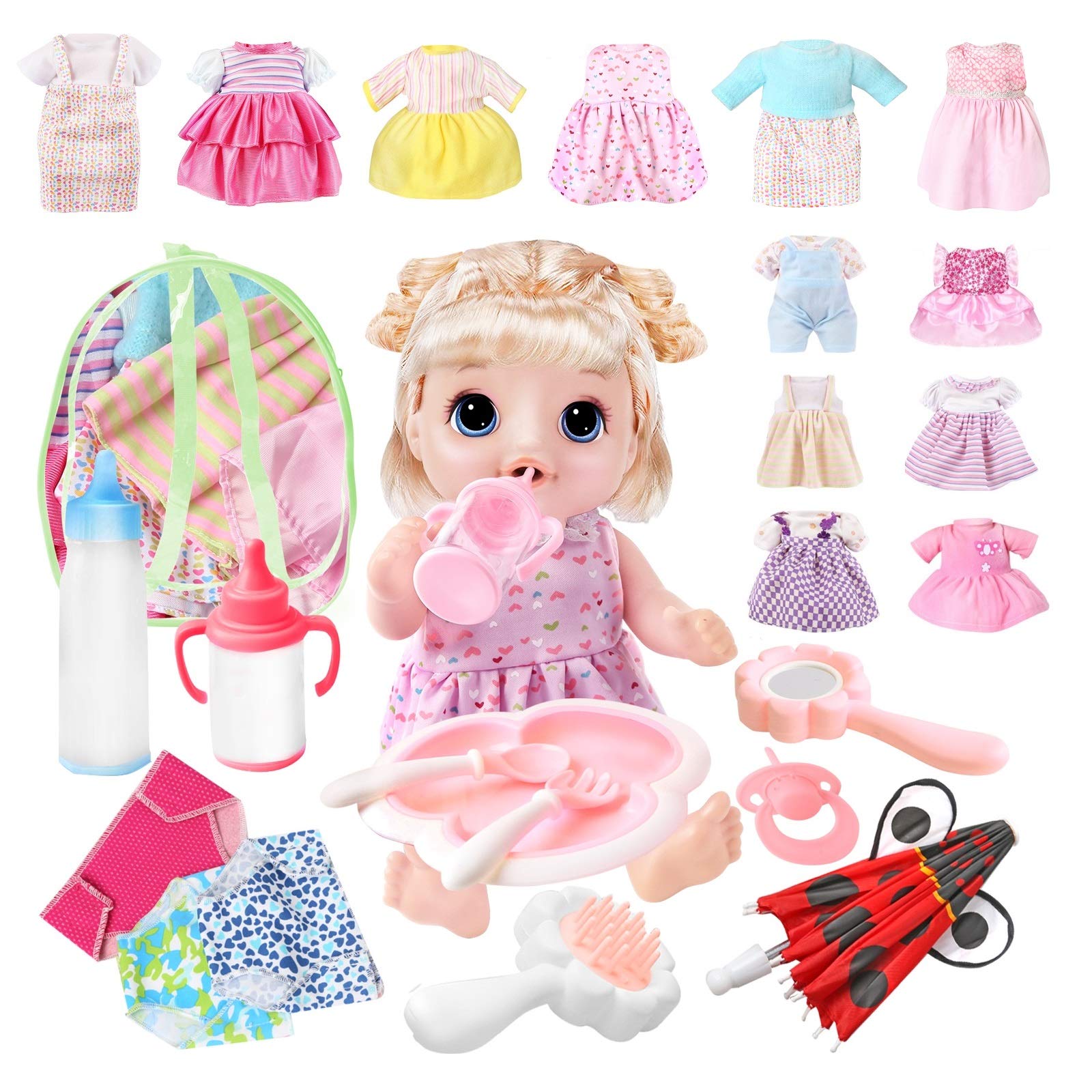 5 Sets Girl Doll Clothes and Accessories - 14 Inch Baby Doll - Include Baby Doll Clothes Dress Pajamas Lovely Baby Doll Outfits Accessories - Christmas Birthday for Little Girl