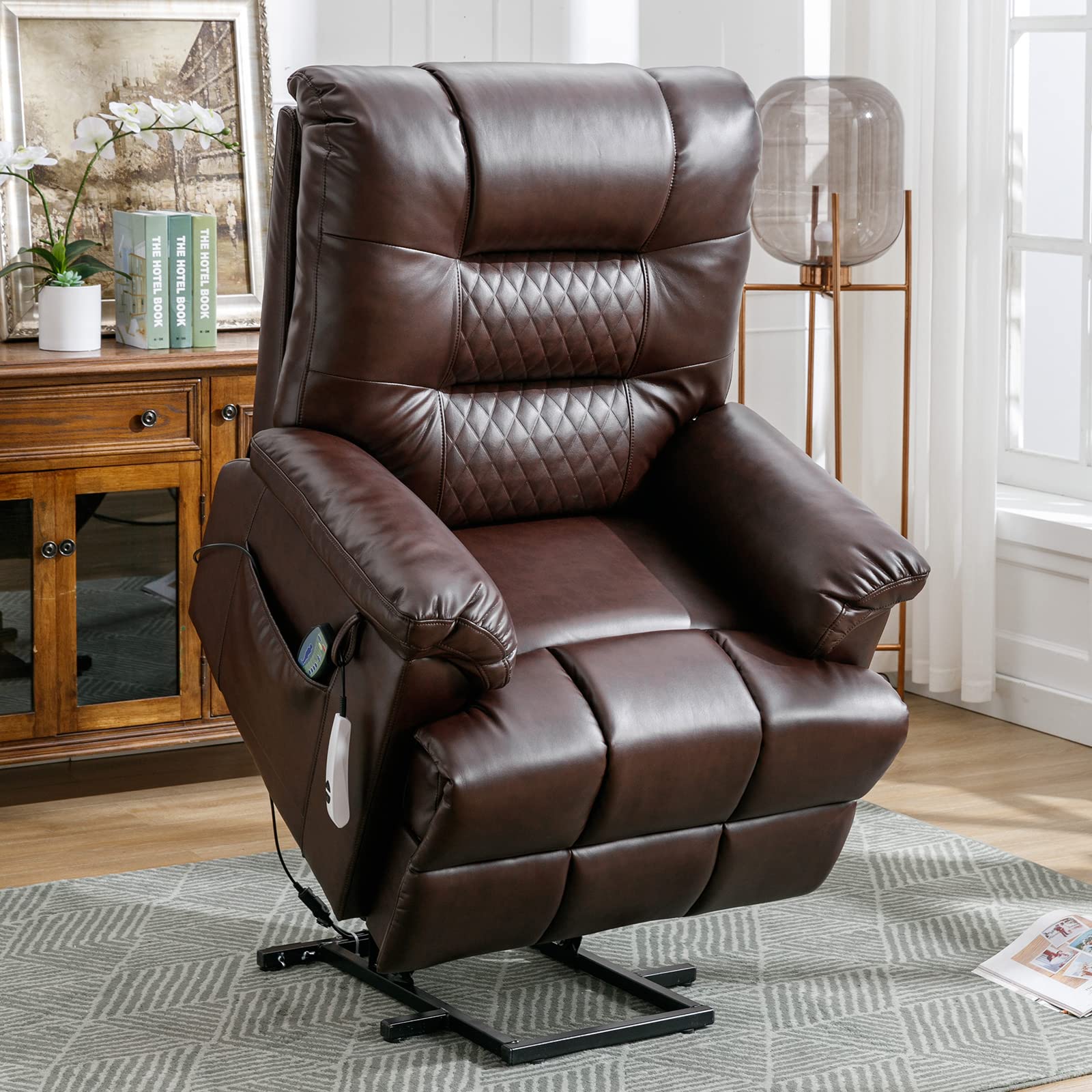 LVUYOYOLift Recliner Chairs for Elderly, Power Lift Recliner Chair with Heat and Massage, Breathable Leather Overstuffed Wide Recliners, Big and Tall Large Sofa Chair for Living Room（1PC, Brown）
