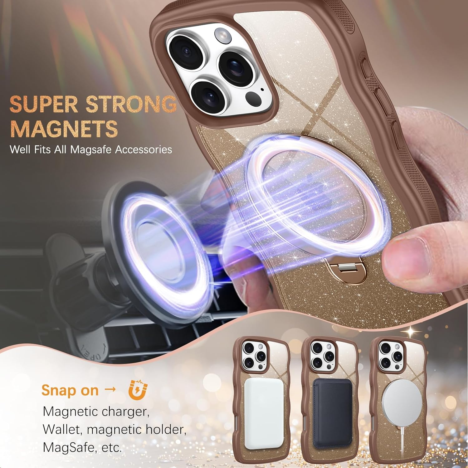 for iPhone 16 Pro Case with 360° Magnetic Stand, Clear Glitter Cute Curly Wave iPhone 16 Pro Phone Case Compatible with MagSafe, Ring Kickstand Shockproof Cover for Women Men, Desert Brown - Image 5