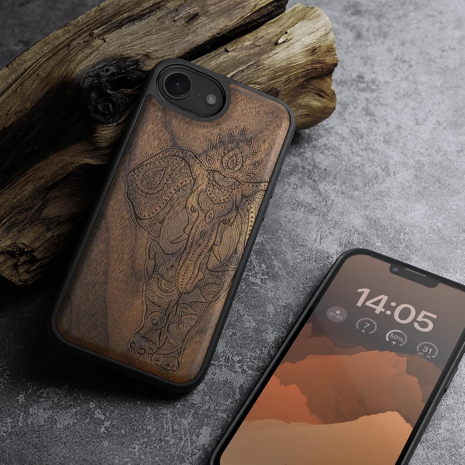 Carveit Magnetic Wooden Case for iPhone 16e / 17e, Solid Wood & Black TPU, Artisan Engraved Design, Shockproof Cover, Compatible with MagSafe Wireless Chargers, Indian Lotus Elephant - Walnut
