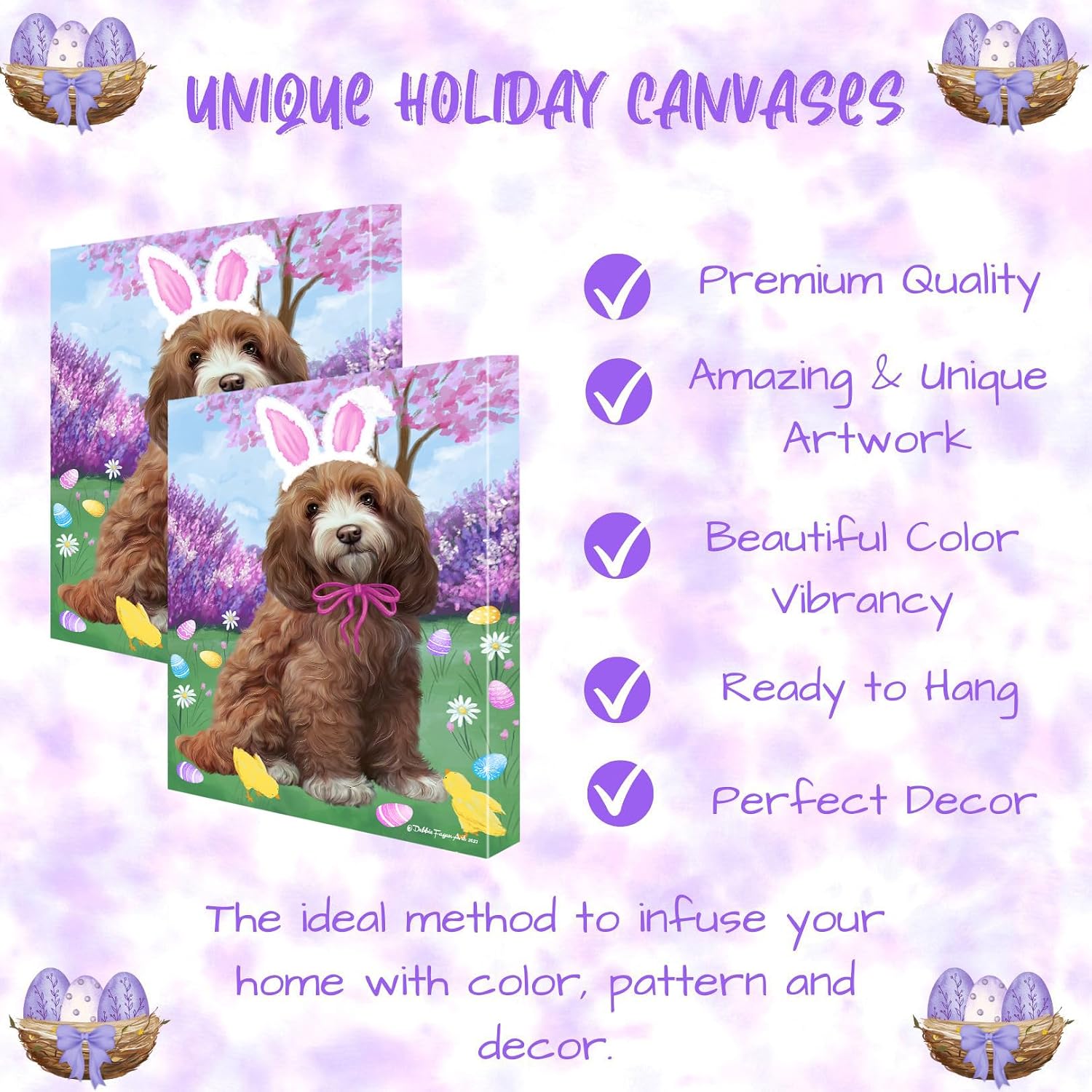 Easter with Cockapoo Dogs Canvas Wall Art - Premium Quality Ready to Hang Room Decor - White Floating Framed 16" x 24"