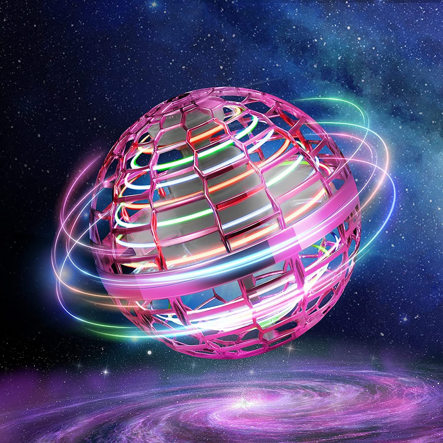 Flying Ball Toys, Magic Nebula Orb 2022 Upgarded Cool Fly Hand Hover Drone, 360° Rotating Globe Led Lights Magic Floating Boomerang Soaring Space Spinner Toy for Kids Adults Outdoor & Indoor(Pink)