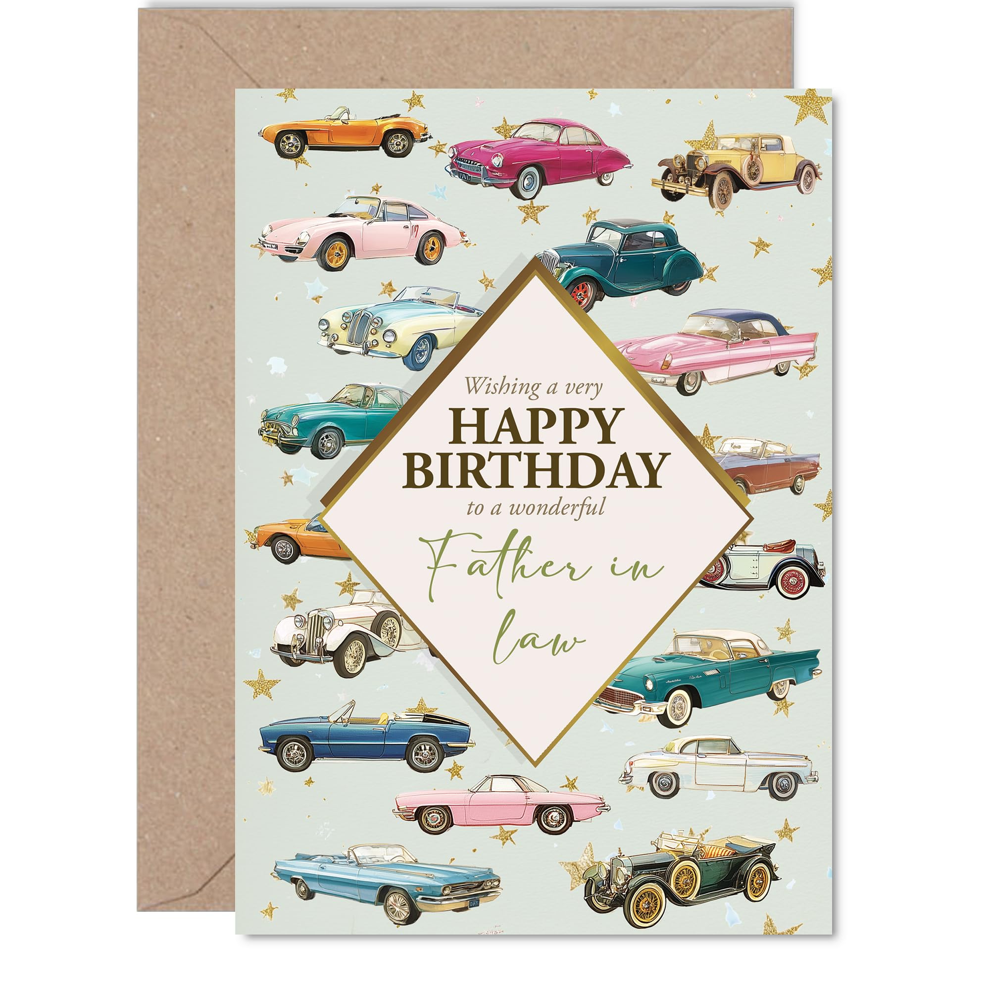 Father in Law Birthday Card - Classic Cars - Happy Birthday Card for Father in Law from Son Daughter, 5x7 Inch Vintage Motors Bday Greeting Cards