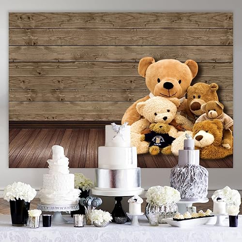 Miniatura 5 de Telón de fondo de madera de 7 x 5 pies, oso para baby shower, lindo oso marrón, muñecas de felpa para amigos, fiesta de recién nacidos, sesión de