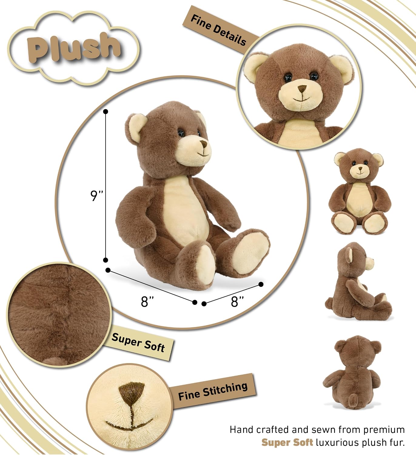 DolliBu Brown Bear Stuffed Animal - Soft Huggable Plush Toy, Adorable Playtime Cuddle Gifts, Super Soft Plush Doll Animal Toy for Kids and Adults - 10 inches