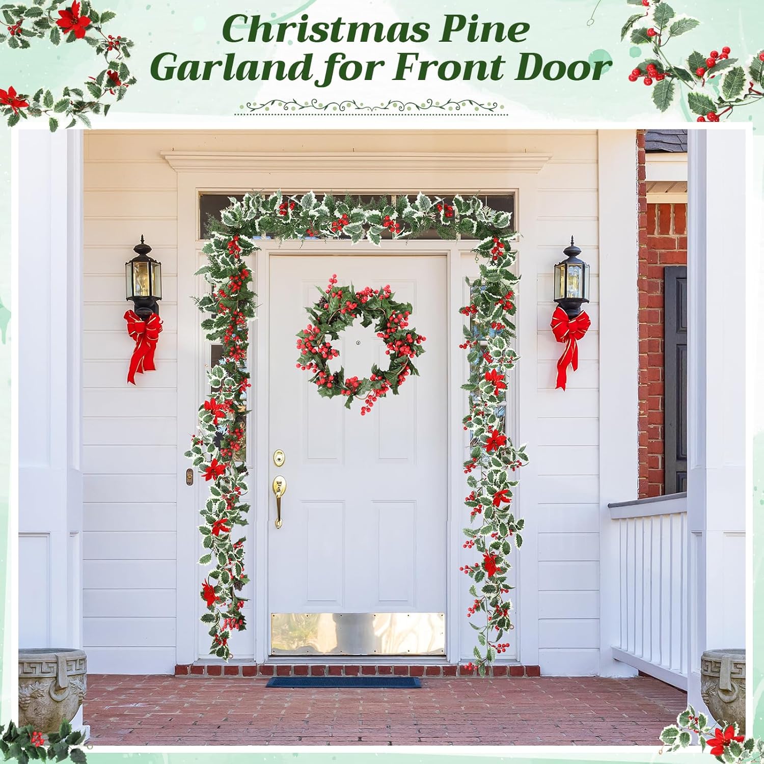 Daifunli 12 Pcs 6ft Red Berry Christmas Garland Holiday Artificial Greenery Holly Garland with Poinsettia Pine Cones for Mantel Indoor Outdoor Home Fireplace Xmas Decoration Winter Christmas Party
