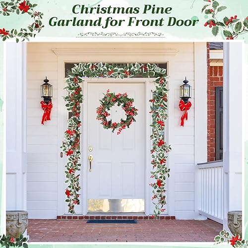 Miniatura 5 de 12 guirnaldas de Navidad de bayas rojas de 6 pies, guirnalda de acebo artificial con piñas de pascua para mantel interior y exterior, hogar,