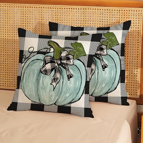 Miniatura 182 de Juego de 2 fundas de almohada de otoño de 18 x 18 pulgadas, hojas de arce de calabaza y búfalo a cuadros, decoración de otoño, de lino, Acción