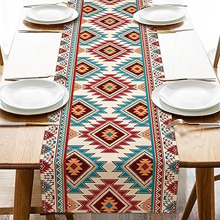 Southwest Native American Aztec Dining Table Runner, Boho Vintage | Western African Navajo Ethnic Tribal Burlap Kitchen Decoration, Retro Geometric Indoor Outdoor Home Decor Party Supply