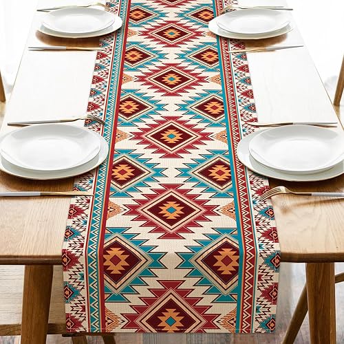 Southwest Native American Aztec Dining Table Runner, Boho Vintage Western African Navajo Ethnic Tribal Burlap Kitchen Decoration, Retro Geometric Indoor Outdoor Home Decor Party Supply 13''x90''