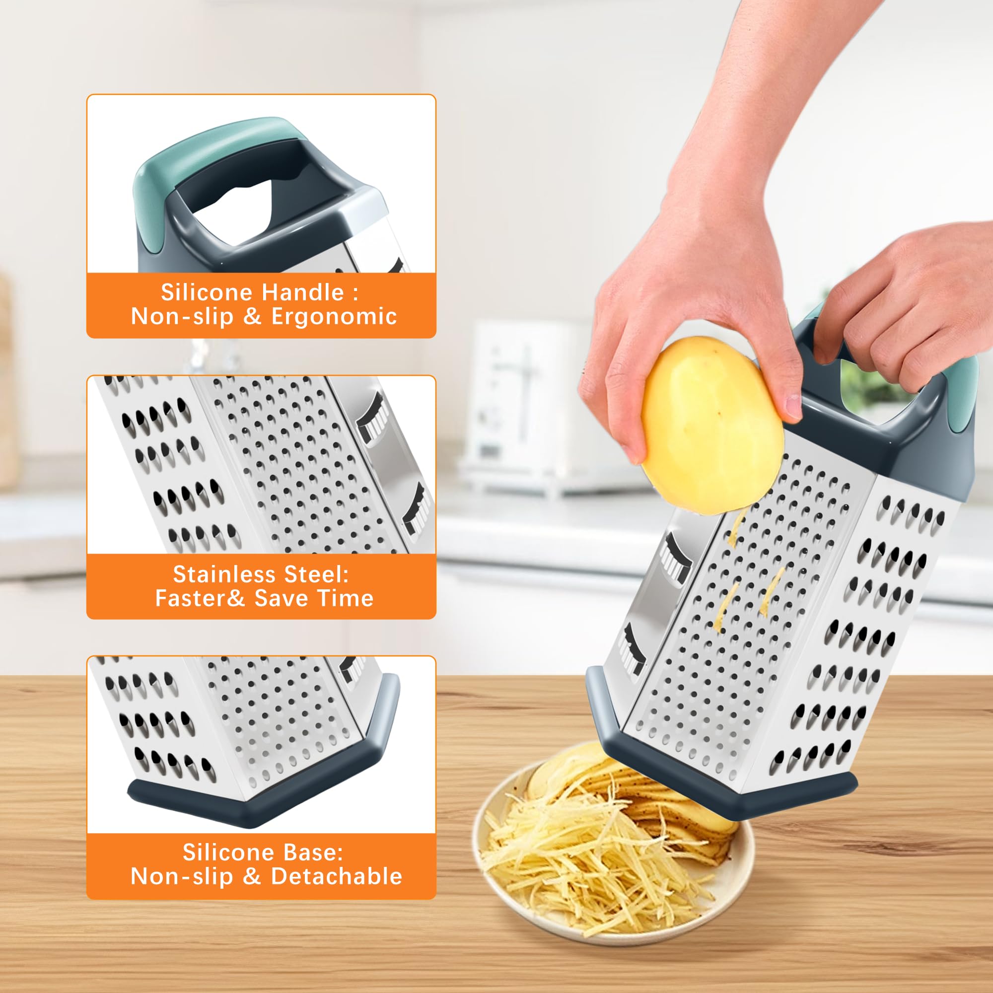 Kastenreibe Edelstahl Käsereibe mit Griff Reiben für Küche Käse Gemüse Kartoffeln Karotte (Hellgrün) (6 Seiten)