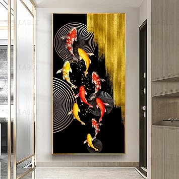 Chinese Style Red Koi Lucky Carp Canvas Painting Fish Goldfish Poster Entrance Home Decor Picture Annual Ring Wall Art 45x90cm/18x35in With frame