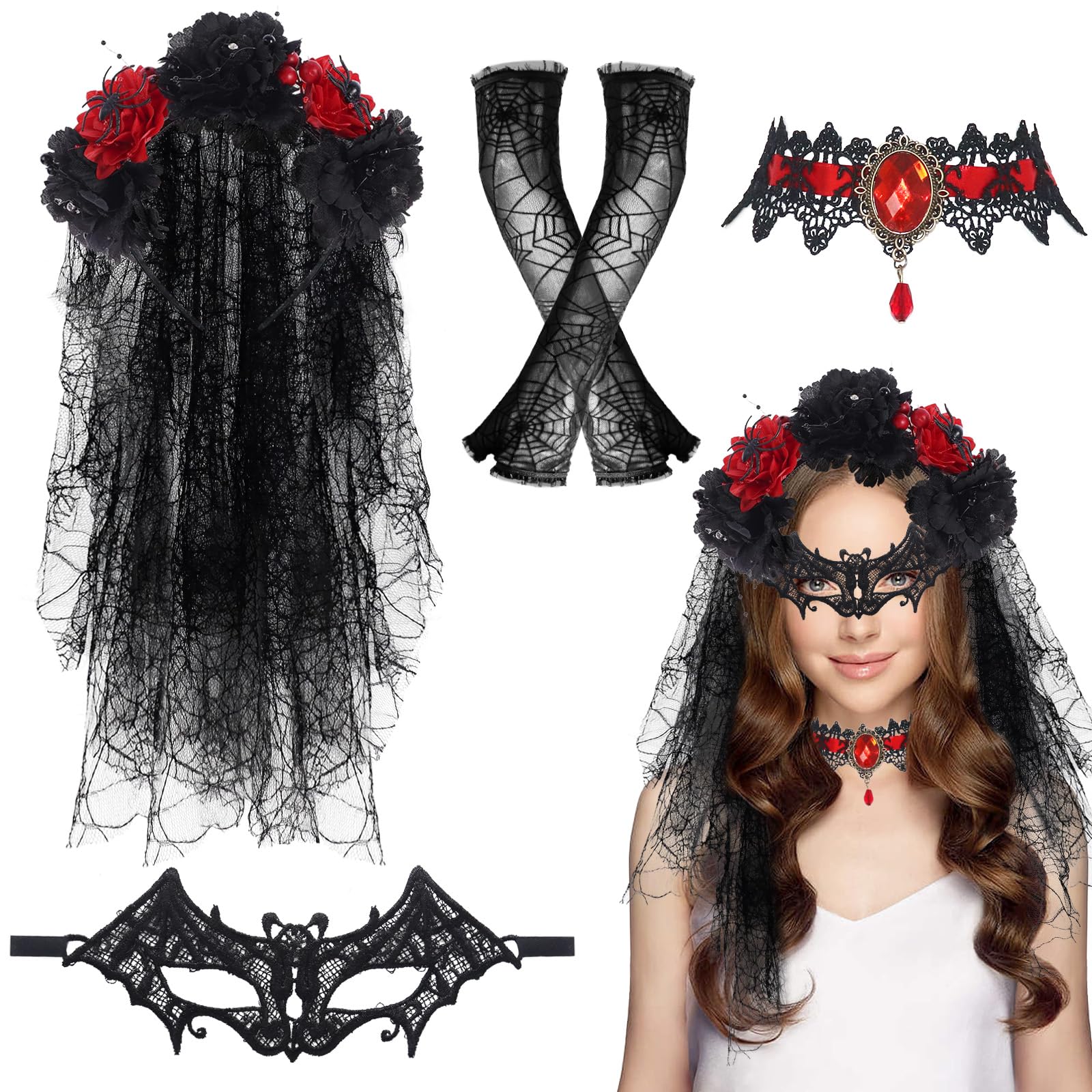 4pcs Halloween Costume Set, Flower Crown Headband Gothic Black Lace Necklace Gloves, Day of the Dead Costumes for Women Fancy Dress Accessories Cosplay Party (Rose-02)