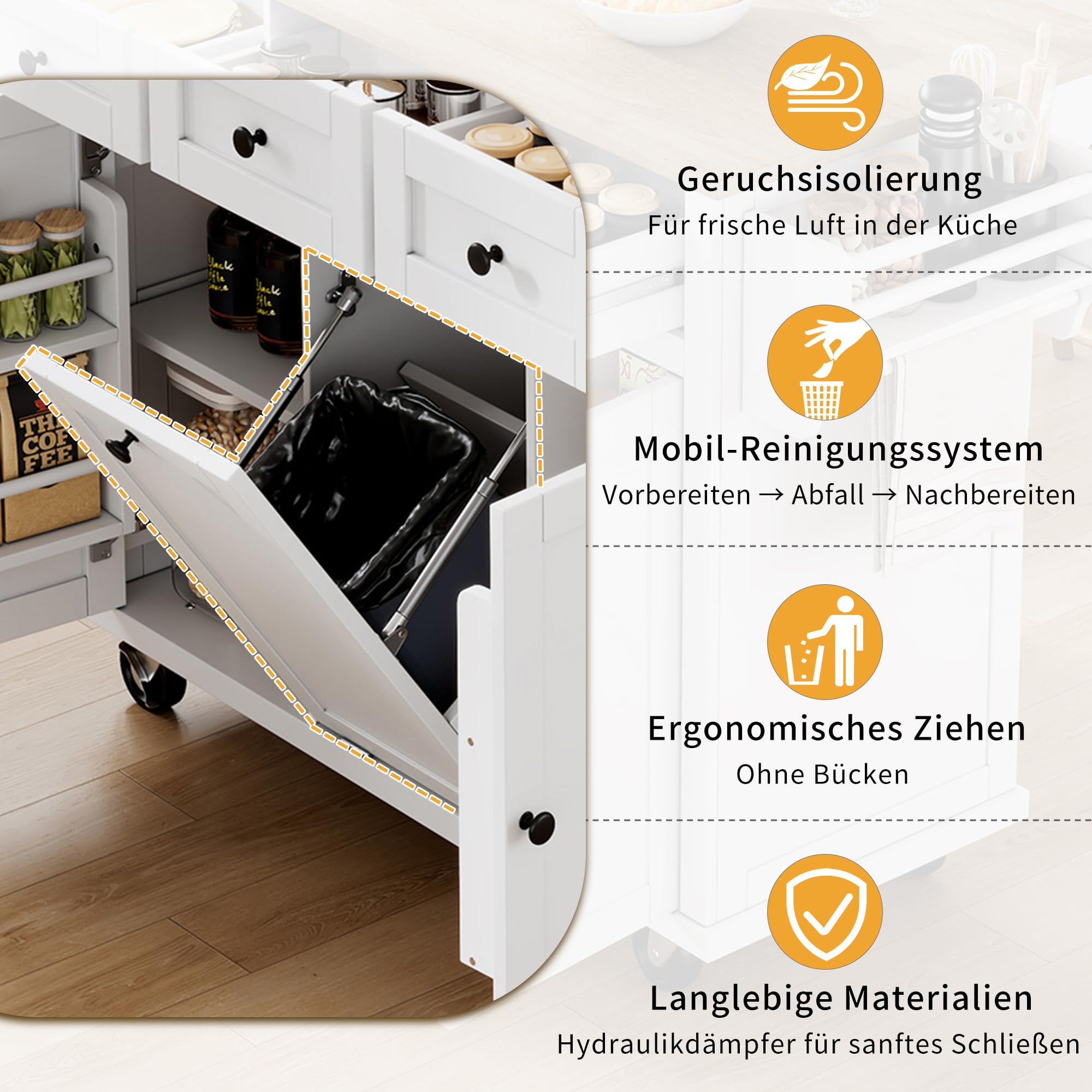 Mobile Kücheninsel mit Rollen & ausziehbarer Arbeitsplatte, Küchenwagen mit Stauraum, Schubladen & Abfallfach, platzsparende Kücheninsel für kleine Küche & Esszimmer (Weiß)