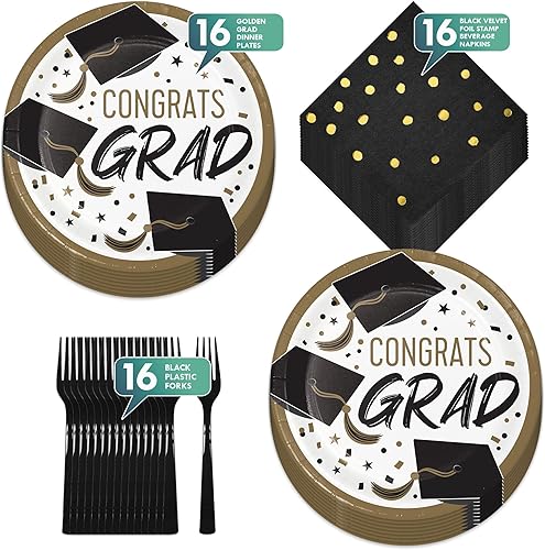 Miniatura 2 de HOME & HOOPLA Platos llanos de papel negro, blanco y dorado para fiesta de graduación, servilletas de almuerzo y tenedores (sirve 16)