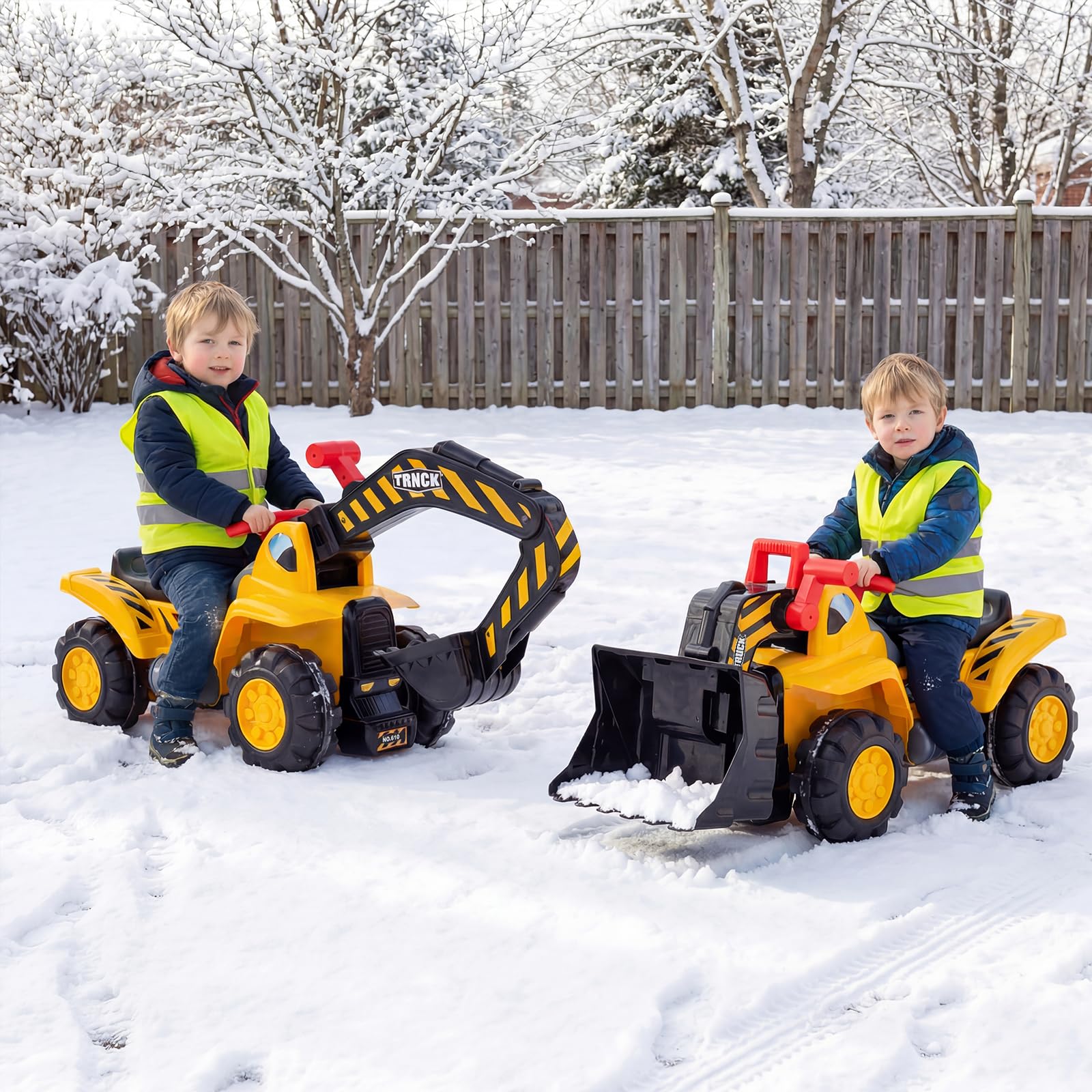 COSTWAY 3 in 1 Escavatore Cavalcabile per Bambini 2+ Anni, Carico 25 kg | Ruspa Giocattolo per Bambini con Suoni Realistici, Seduta con Vano Portaoggetti, Pietre, Casco e Gilet, per Casa Asilo