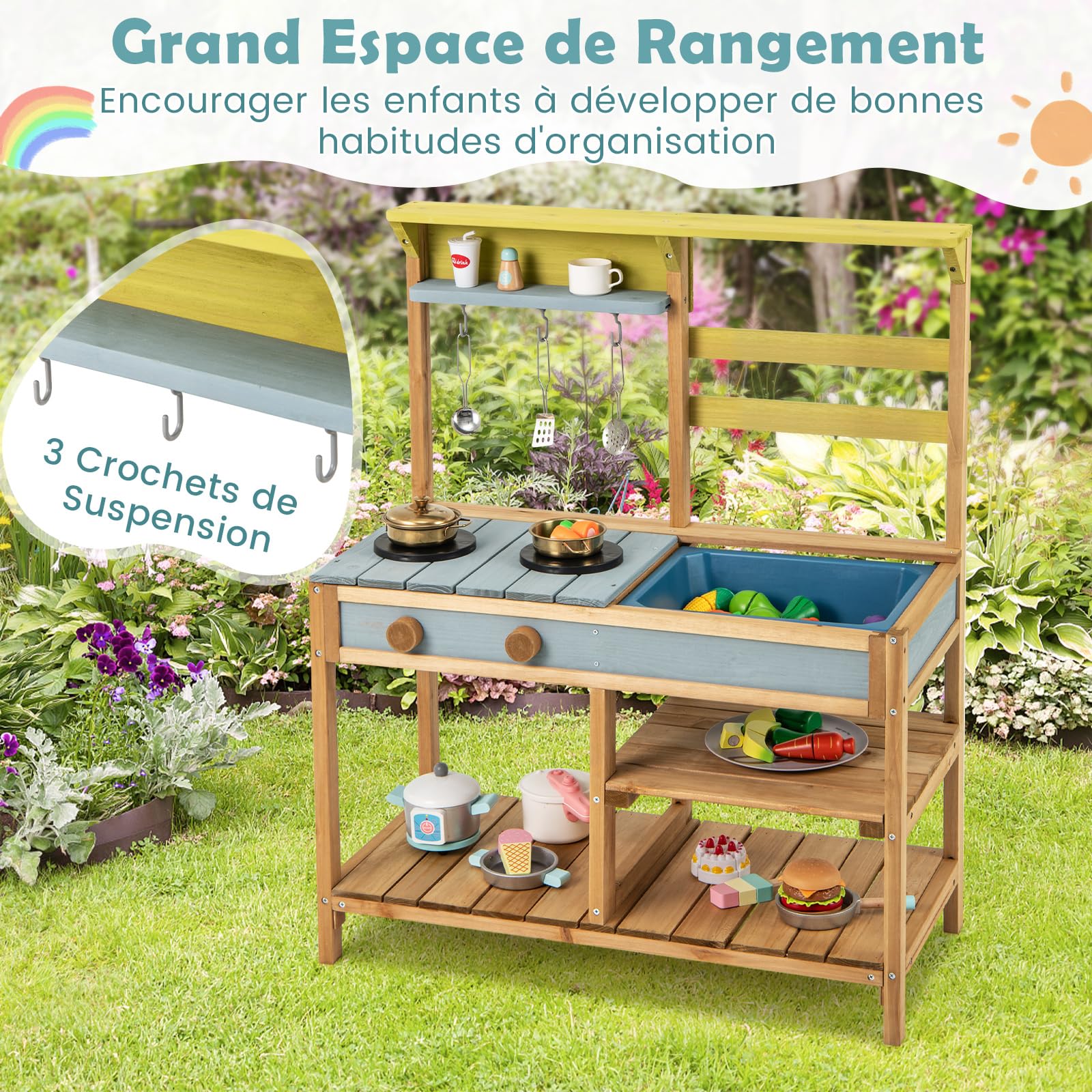 COSTWAY Cuisine Extérieure Enfant avec Évier & Poêles Doubles, Cuisine de Boue en Bois de Sapin avec Bouton Rotatif, Étagère de Rangement, Cuisine Boueuse pour 3 Ans+, 75 x 36 x 92 cm