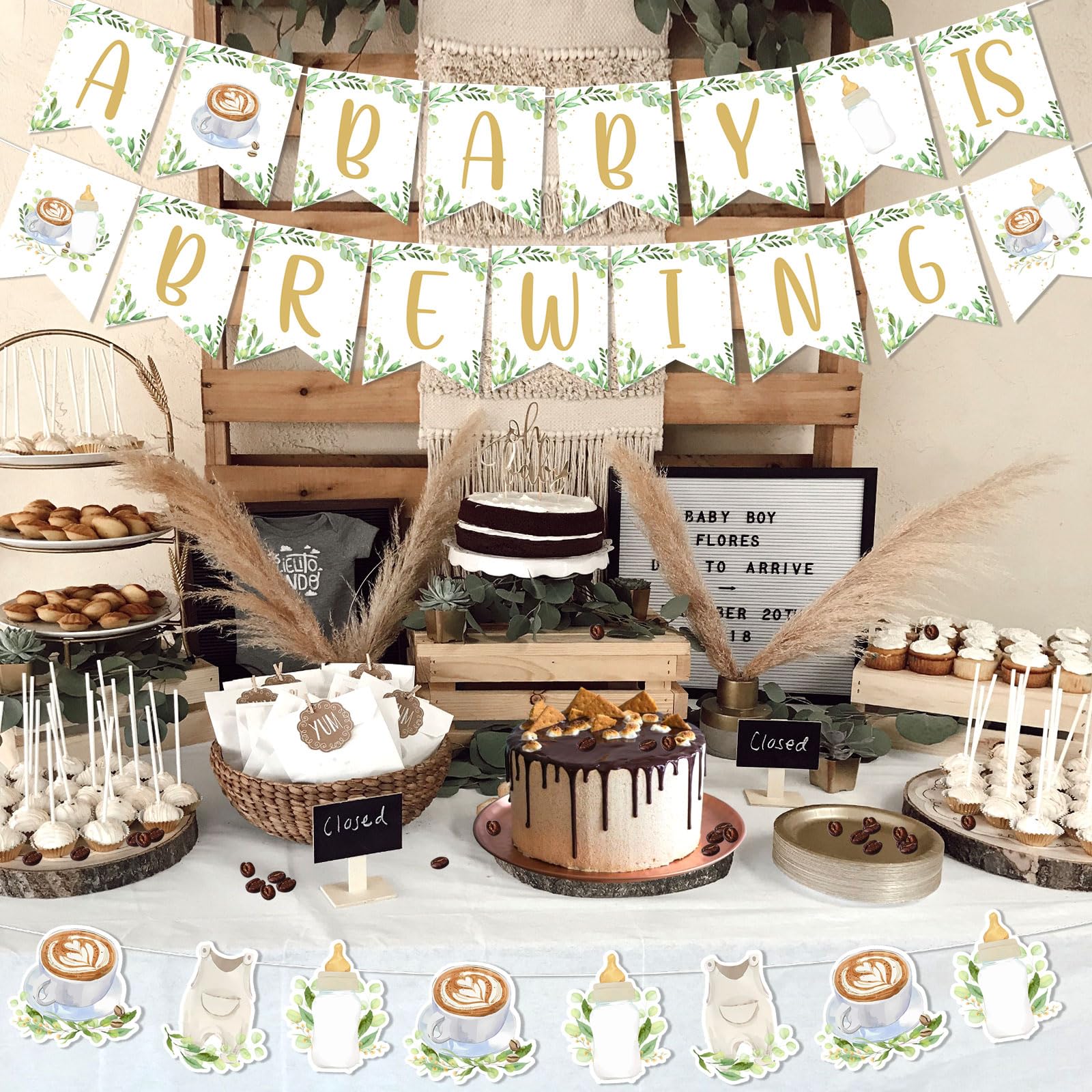 Cheereveal Coffee Theme Baby Shower Banner, A Baby is Brewing Banner Coffee Theme Bunting Garlands - Image 2