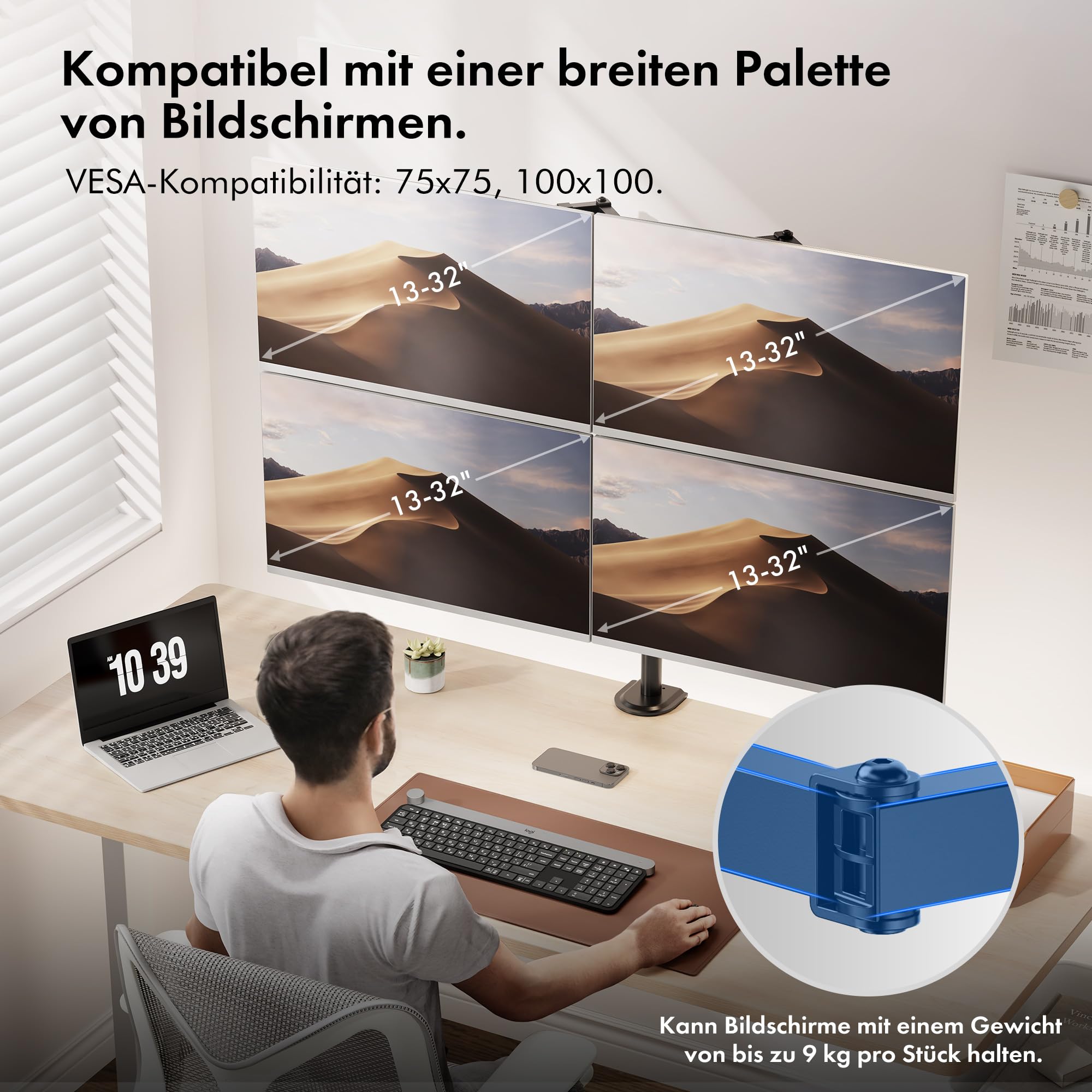 VonHaus Monitor Halterung für 4 Monitore Bildschirmhalterung für 13-32 Zoll, Höhenverstellbar Monitor Halterung für Arbeiten oder Gaming, Voll Neigbar 180° Schwenkbar 360°, VESA 75/100, 9 kg pro Arm