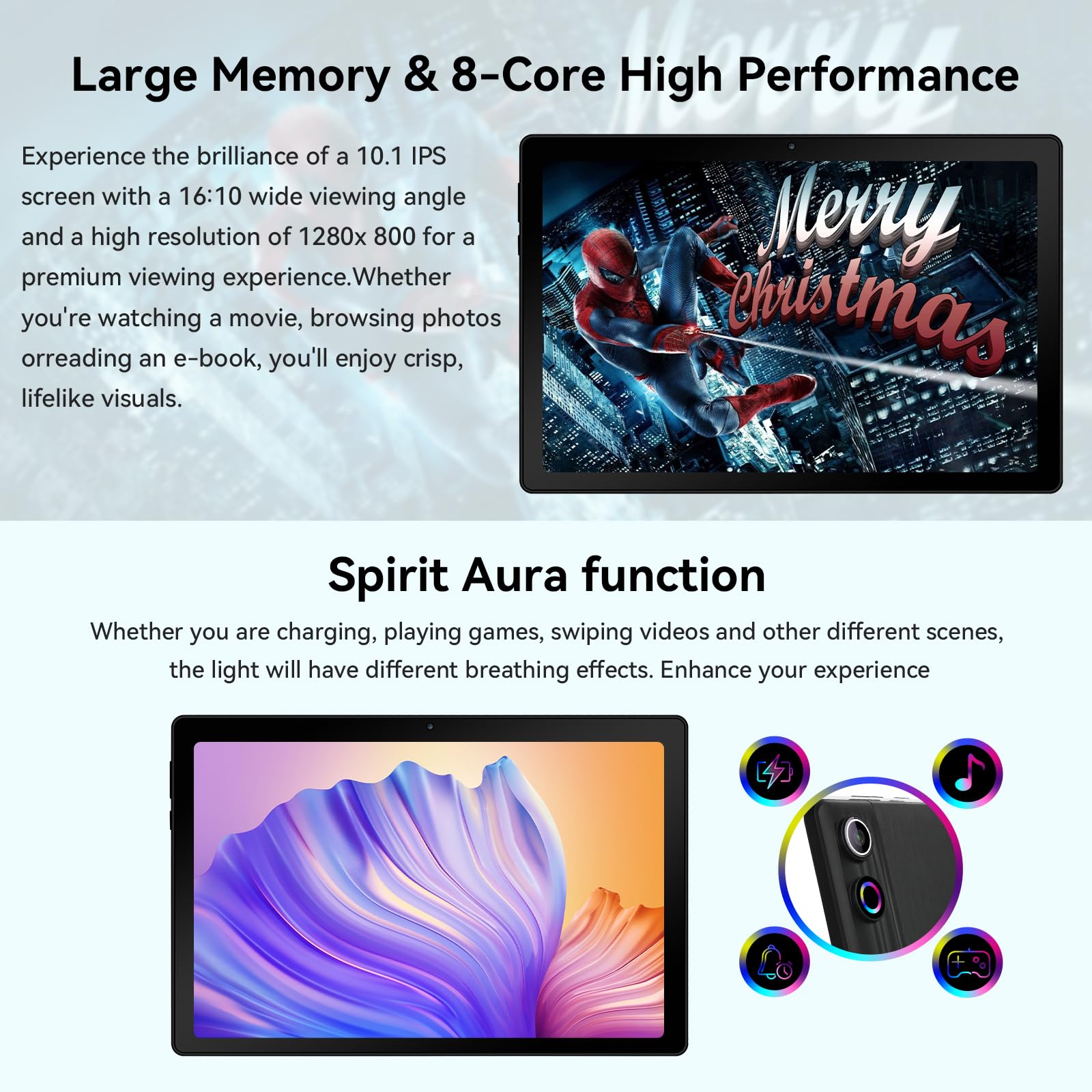 HotLight Tablet 10 pollici, Android 14 Tablet, Octa-Core 10GB RAM + 64GB ROM (TF 1TB) con 5G WiFi, Face ID, Spiritual Aura, connessione OTG, WideVine L1, BT 5.3 (Nero)