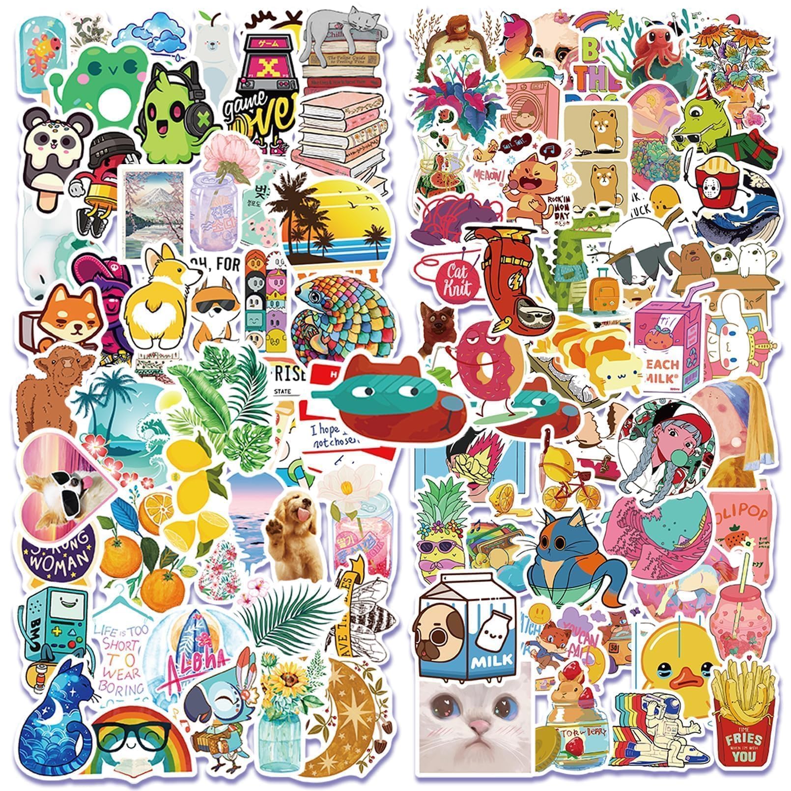 Aresvns 100 PCS Artsy Fartsy Stickers, Cartoon Cat, Dog and Duckling Minimalist Style Computer Water Bottle Skateboard Suitcase Laptop Car Decal,