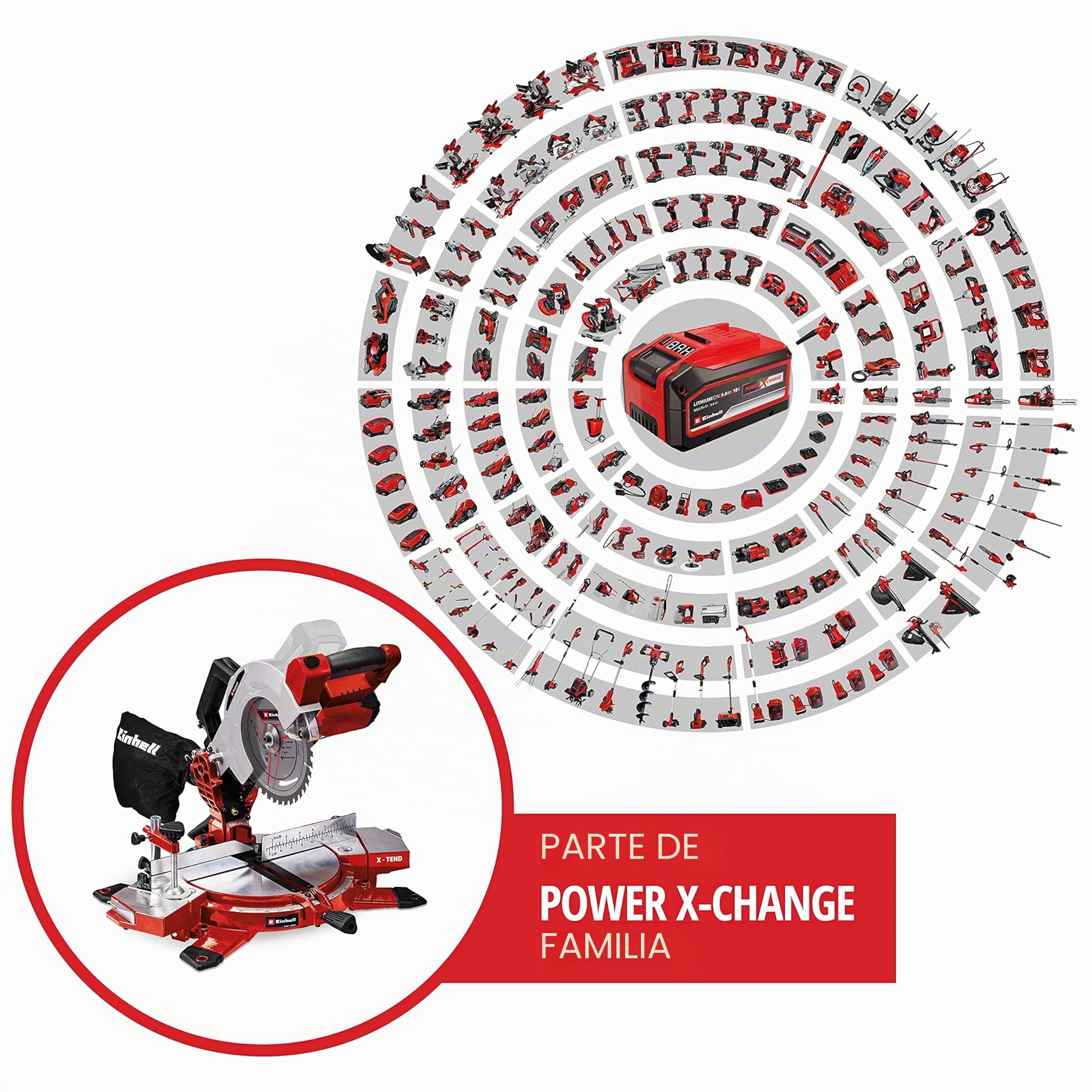 Einhell ingletadora inalámbrica - TE-MS 18/210 Li-Solo Power X-Change. Li-Ion, 18 V, 3.000 min-1, cabezal sierra abatible, soporte piezas X-Tend. No incluye batería ni cargador