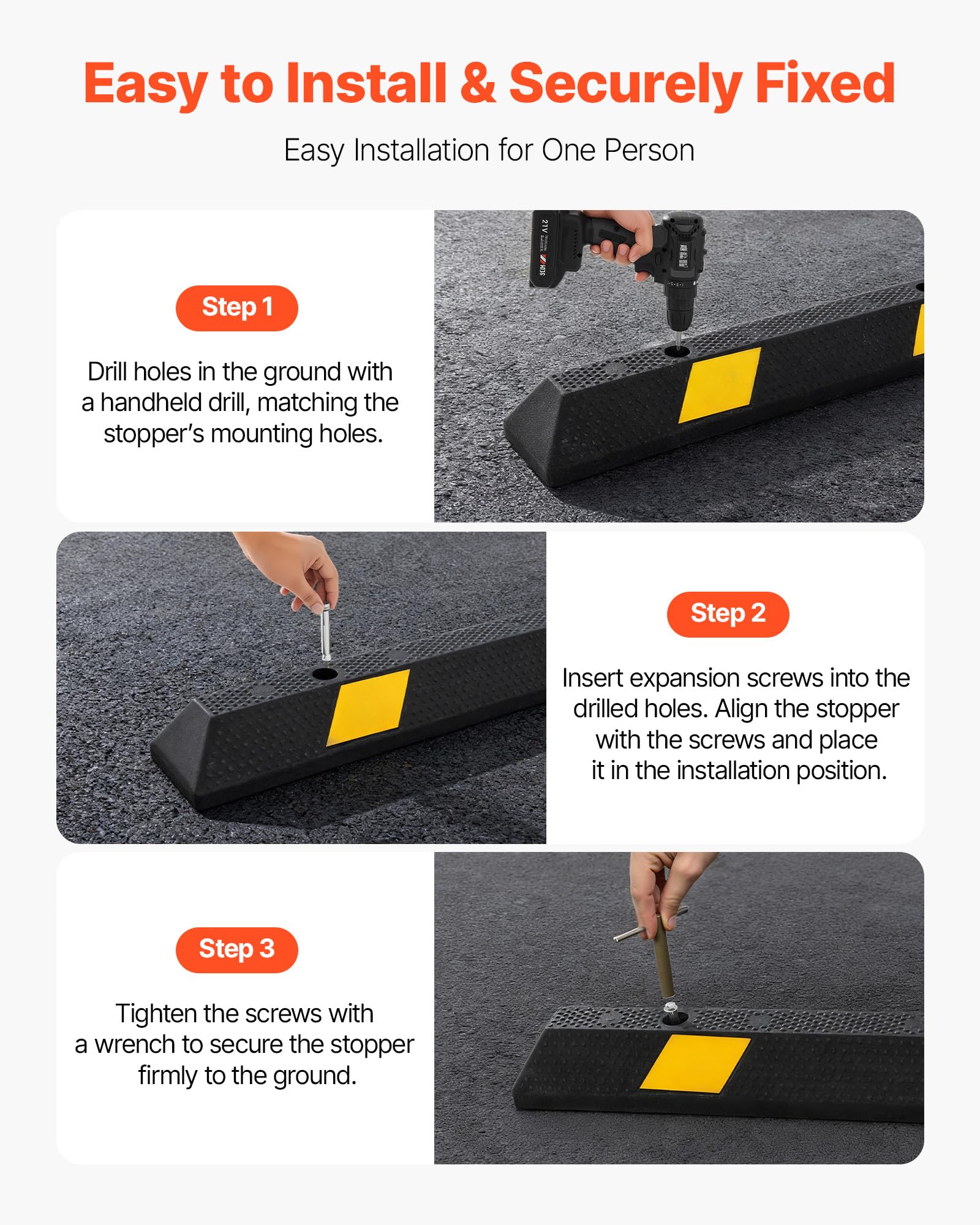 VEVOR Tope de Estacionamiento, 2 Unidades, 184 x 16 x 11 cm, Barrera de Estacionamiento de Goma con Bandas Reflectantes Brillantes, para Coches, Furgonetas y Camiones, Guía para Ruedas, Negro