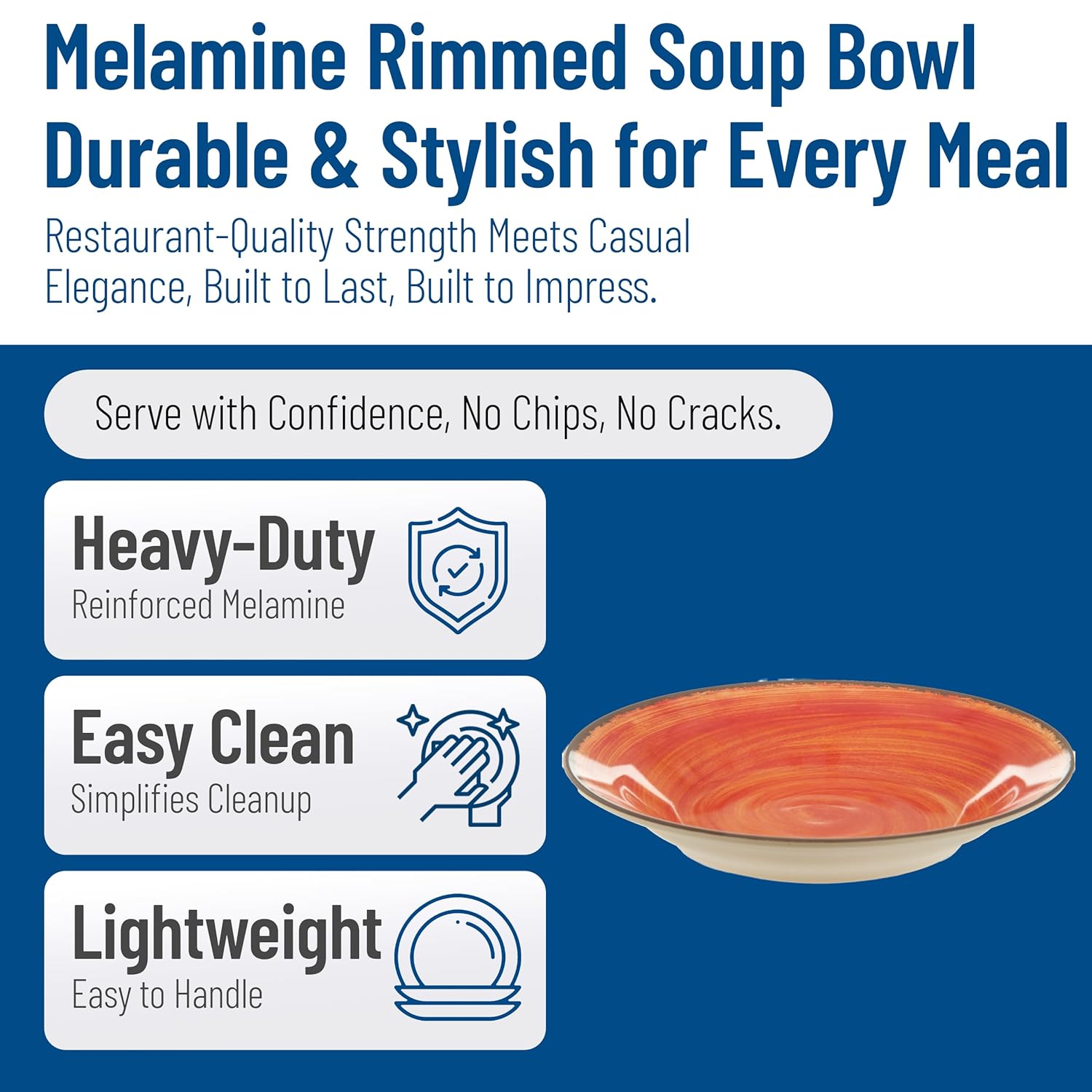 Carlisle FoodService Products Mingle Resuable Plastic Bowl Rimmed Soup Bowl with Pottery Style for Home and Restaurant, Melamine, 28.5 Ounces, Fireball, (Pack of 6)