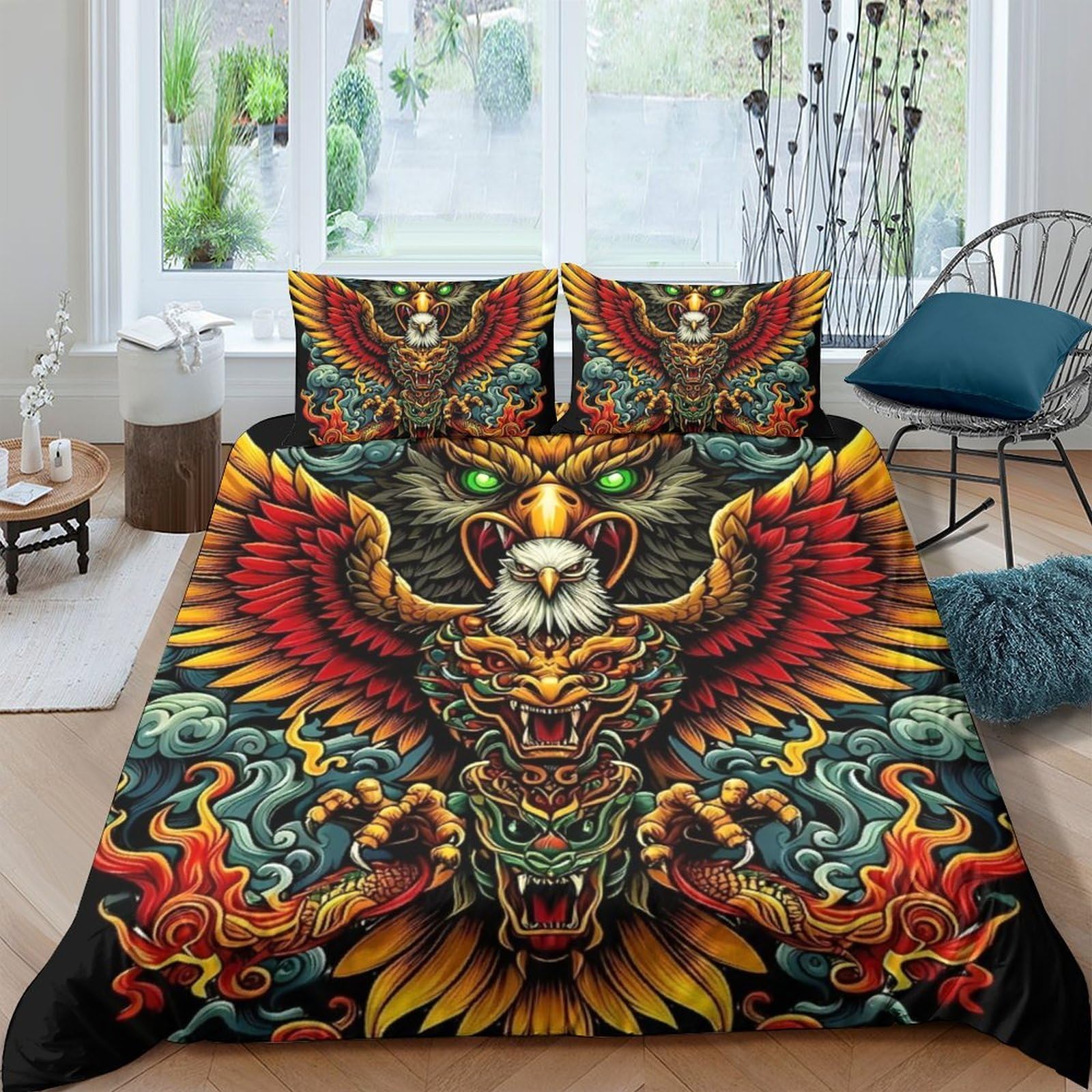 Tyuiopasdfg Colorful-17 Art Lover Phoenix Duvet Cover Set Microfiber 3 Piece Dragon Bedding Set Soft Zip Closure Single（140X200cm）