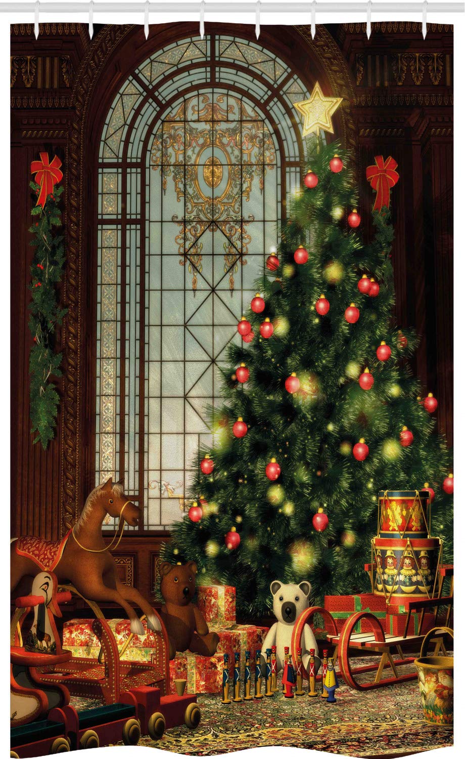 ABAKUHAUS Christmas Stall Shower Curtain, Xmas Tree, Fabric Bathroom Decor Set with Hooks, 47" x 70", Brown Red Green