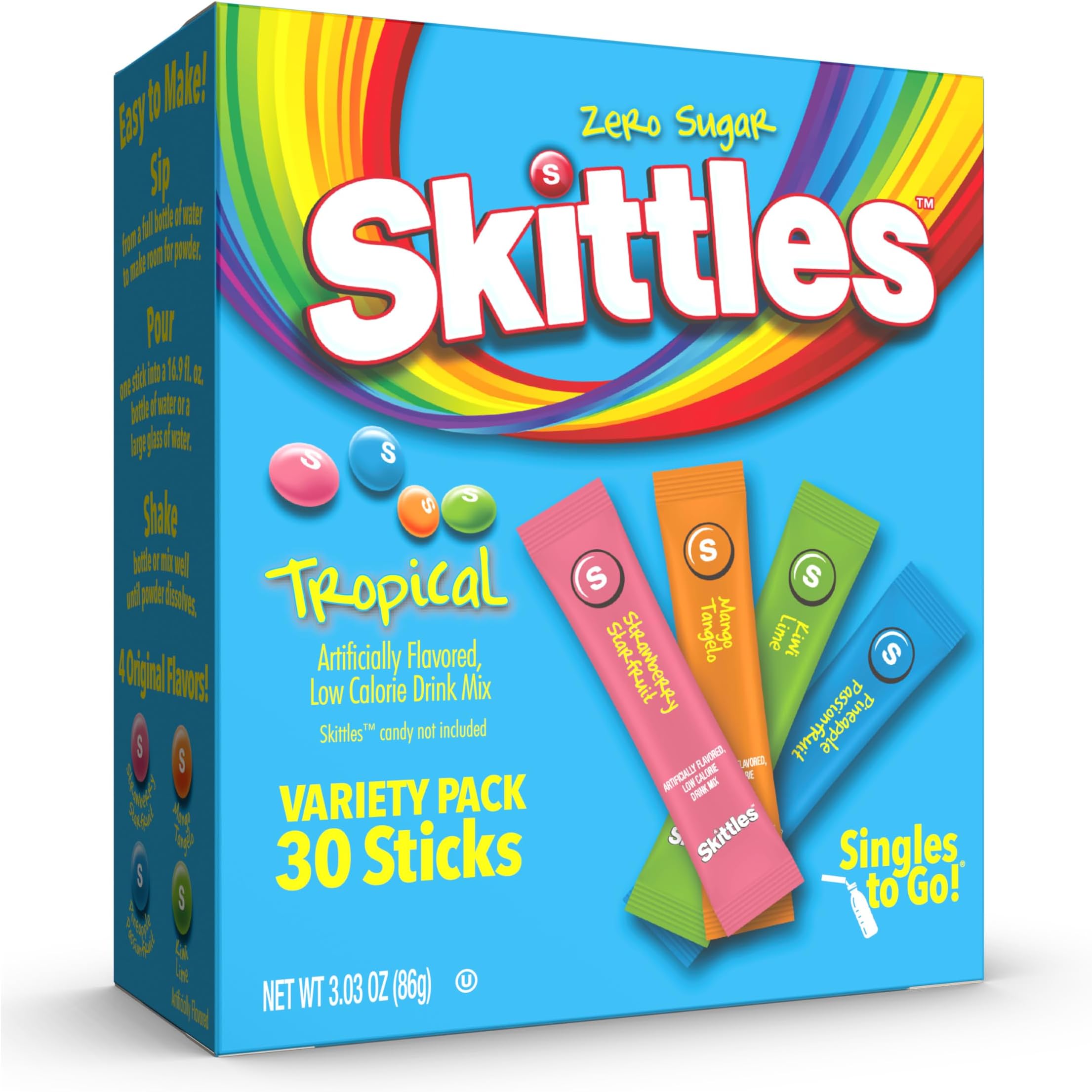 Skittles Go Tropical Flavors Variety Pack, Powdered Drink Mix, Includes 4 Flavors, Strawberry Starfruit, Mango Tangelo, Kiwi Lime, Pineapple Passionfruit, 1 Box (30 Single Servings)