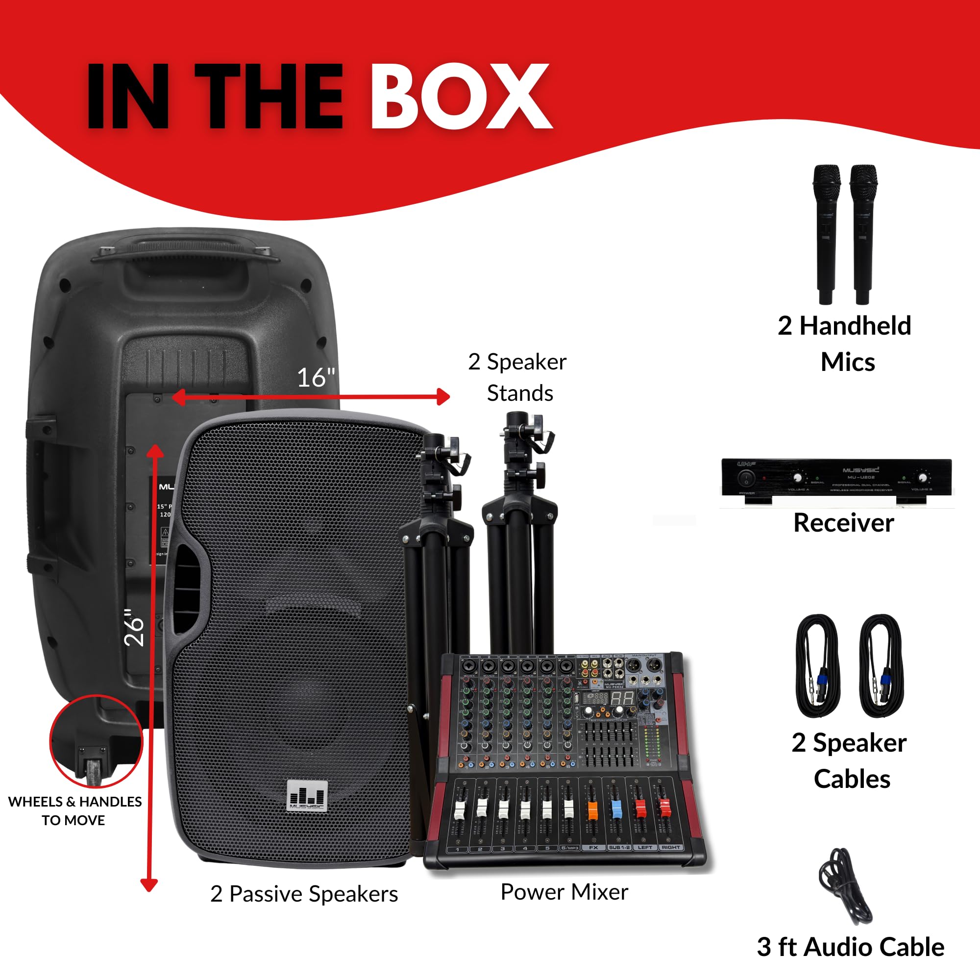 MUSYSIC Portable PA System with Wireless Microphone and Speakers – 6 Ch Audio Mixer with Built-in 2000W Amp & Wireless UHF Microphone System, Multiple Inputs, Complete w/Stands - 12" Speaker 1000W