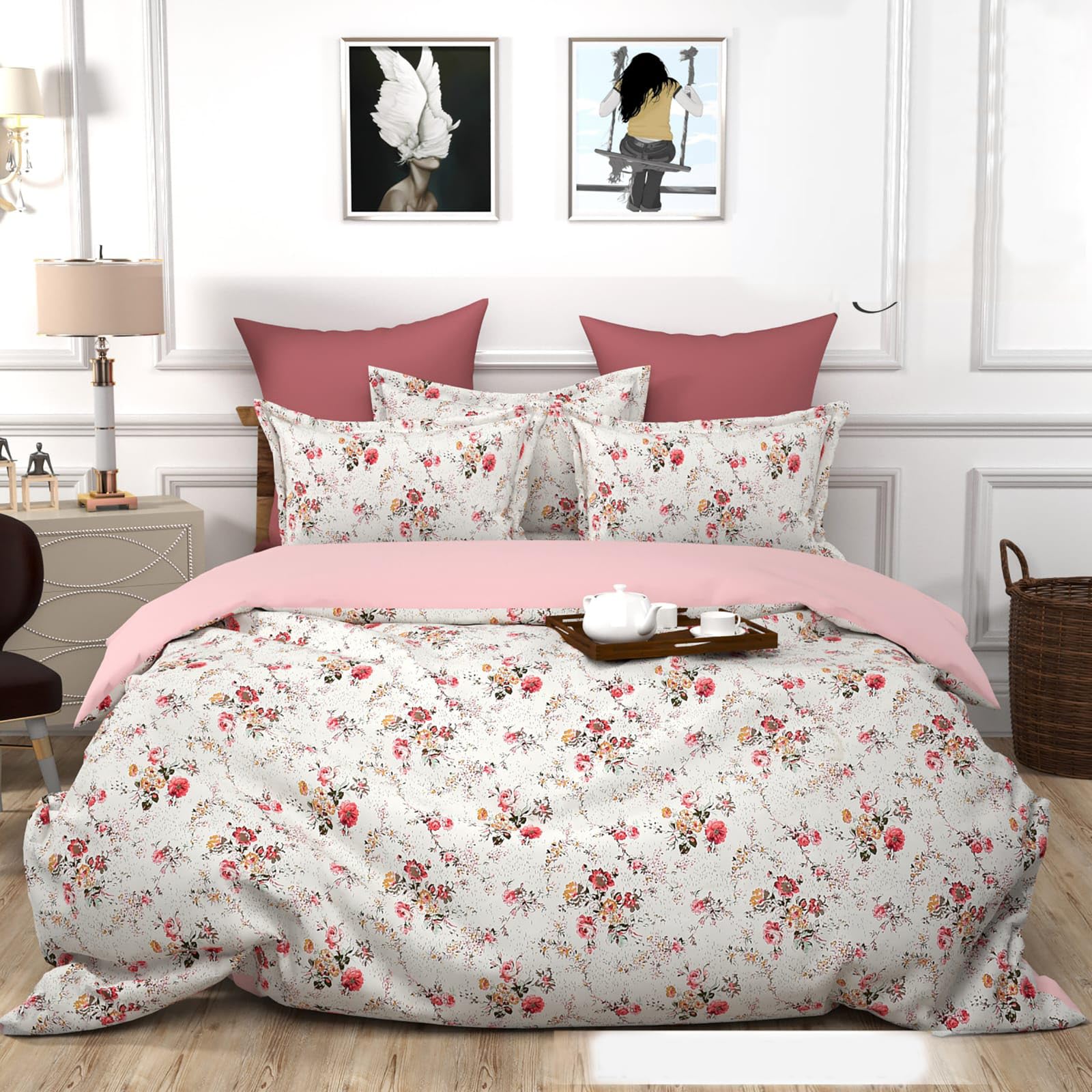 ARIHANT BEDSHEET Geometric Fitted bedsheet with 2 Pillow Covers and Bedsheet, Peach and Grey Floral Pattern, Glace Cotton, Available in diffrent Size (Queen)-image-29
