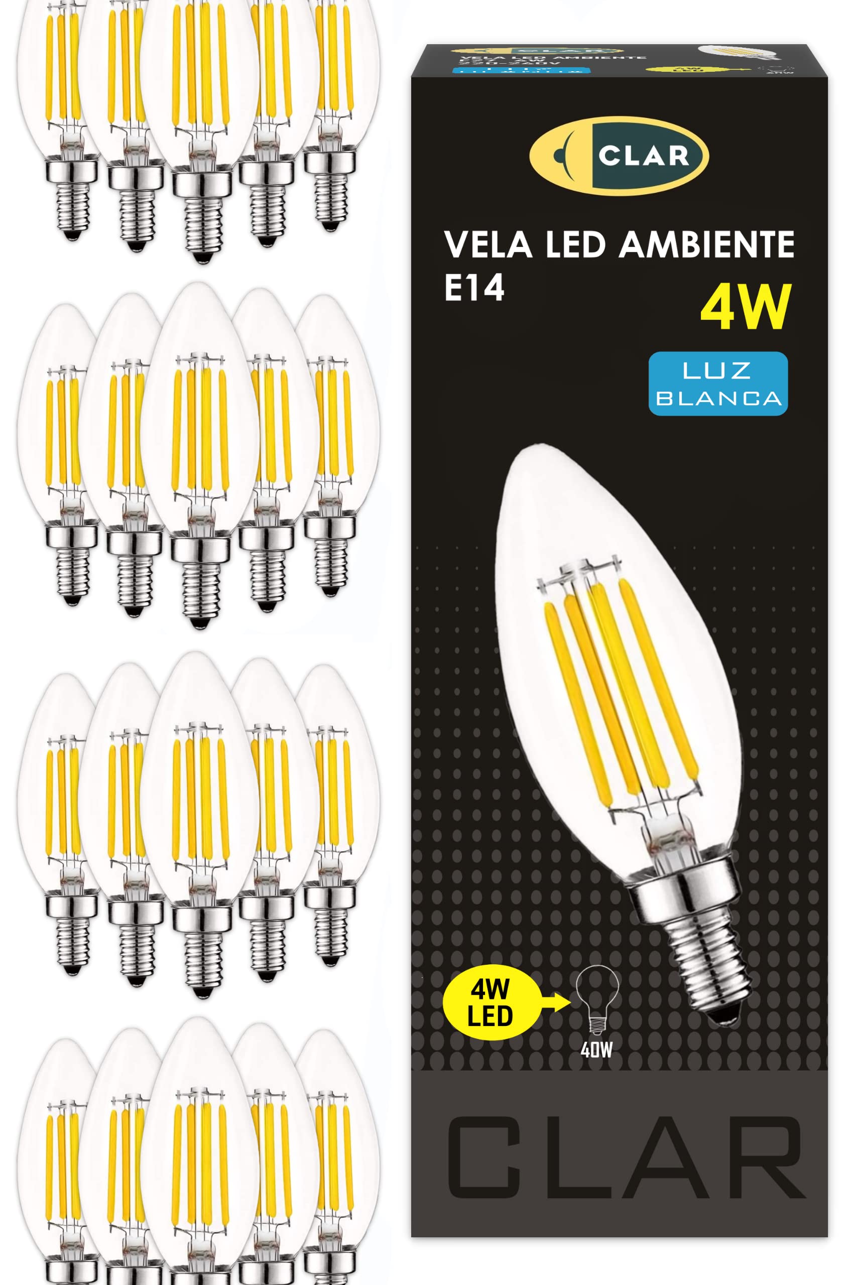 CLAR- Ampoule Flamme E14 Petit Culot à Vis, Ampoule Filament E14, Ampoule LED E14, 4000K (6W Pack 20)
