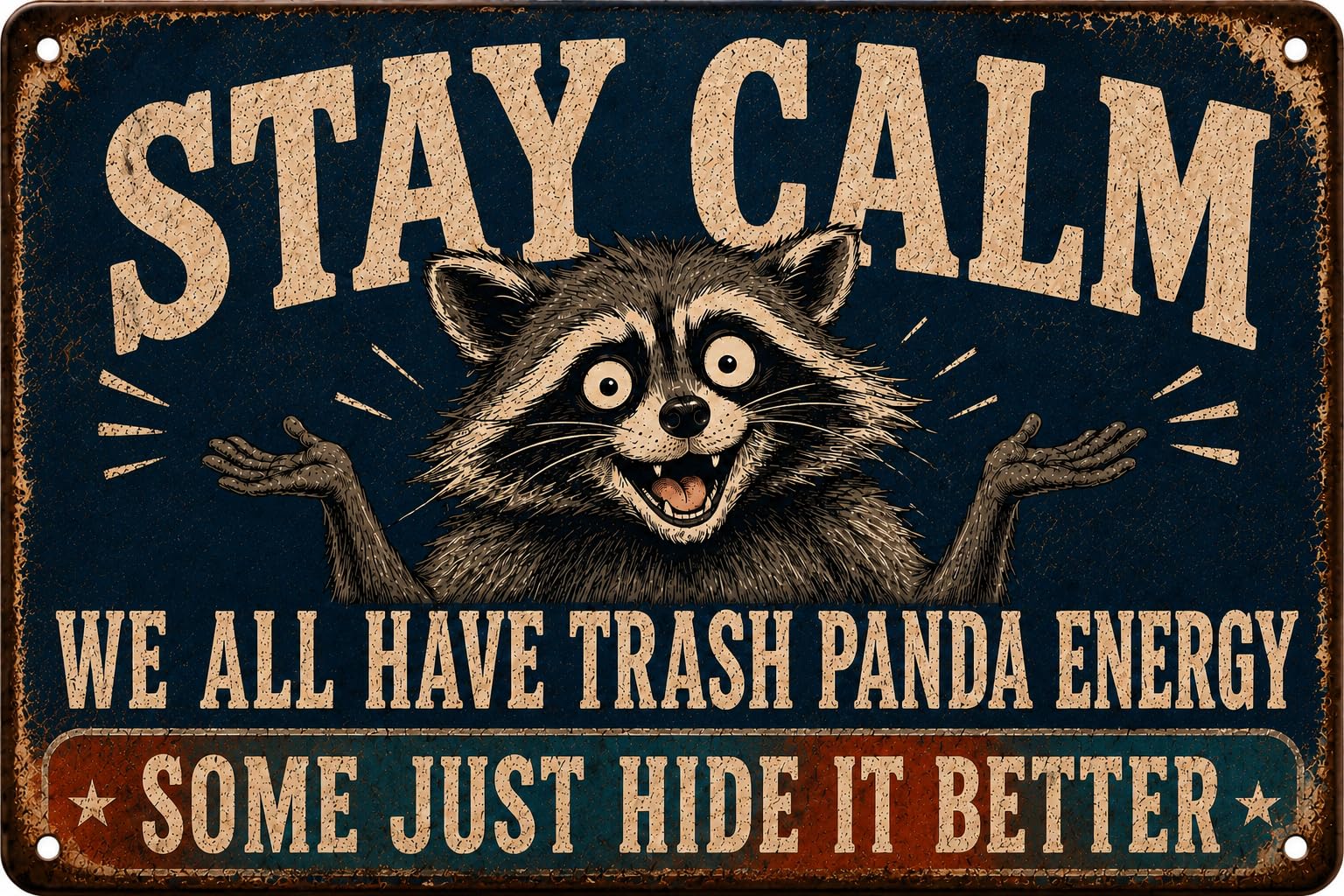 CrazySign Funny Raccoon Tin Sign, Trash Panda Energy Wall Decor, 12x8 Inch