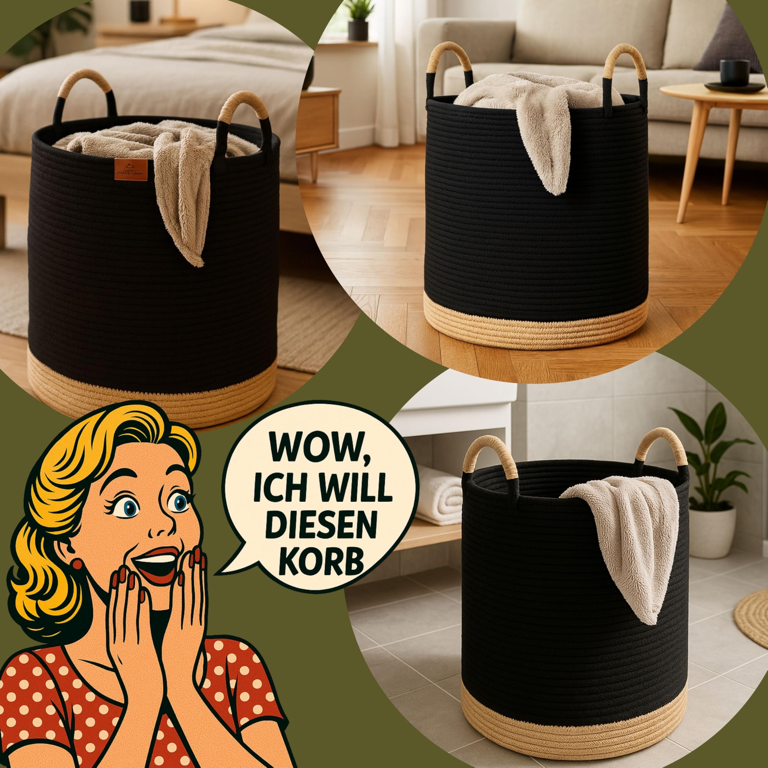 Großer Wäschekorb geflochten - Juna 80L Ø46x48 cm Schwarz - runder Aufbewahrungskorb aus 100% Baumwollseil, Aufbewahrungskorb geflochten, Wäschekorb Stoff