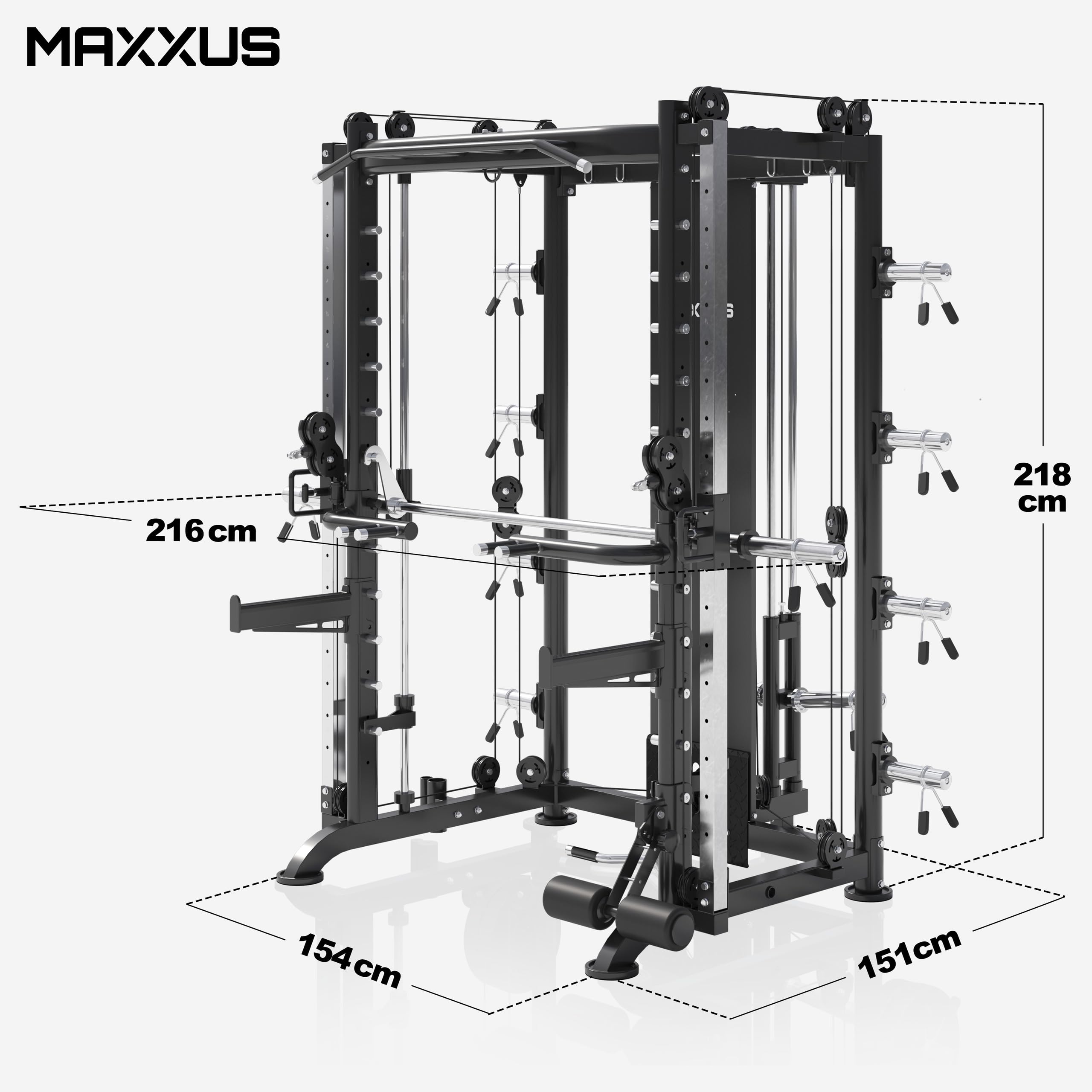 MAXXUS Kraftstation Multipresse 10.1 – Smith Machine mit Hantelbank, Kabelzug, Latzug, Klimmzugstange, Dip-Station & Beinstrecker, bis 300 kg für Zuhause