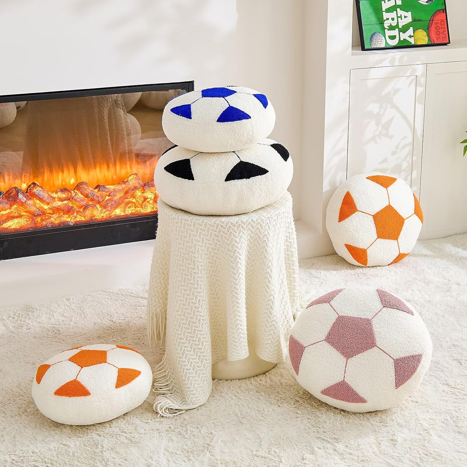 Uvvyui Soccer Pillow Football Throw Pillows Round Shaped Decorative Pillow Aesthetic Room Decor Soccerball Plush Cushion for Couch Bedroom（Orange, 15.7 Inch）
