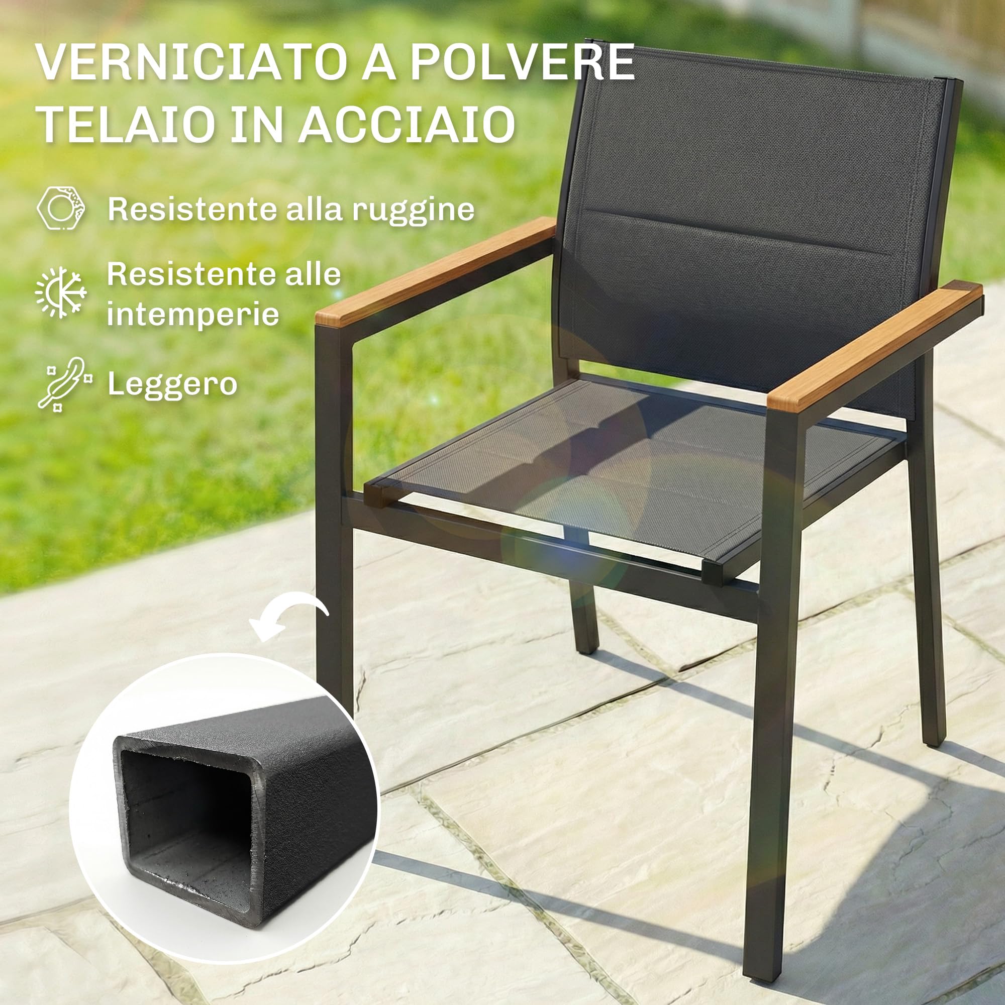 Outsunny Set 2 Sedie da Giardino Impilabili Imbottite in Texteline, Alluminio con Braccioli Effetto Legno, 56x55x85 cm, Grigio Scuro