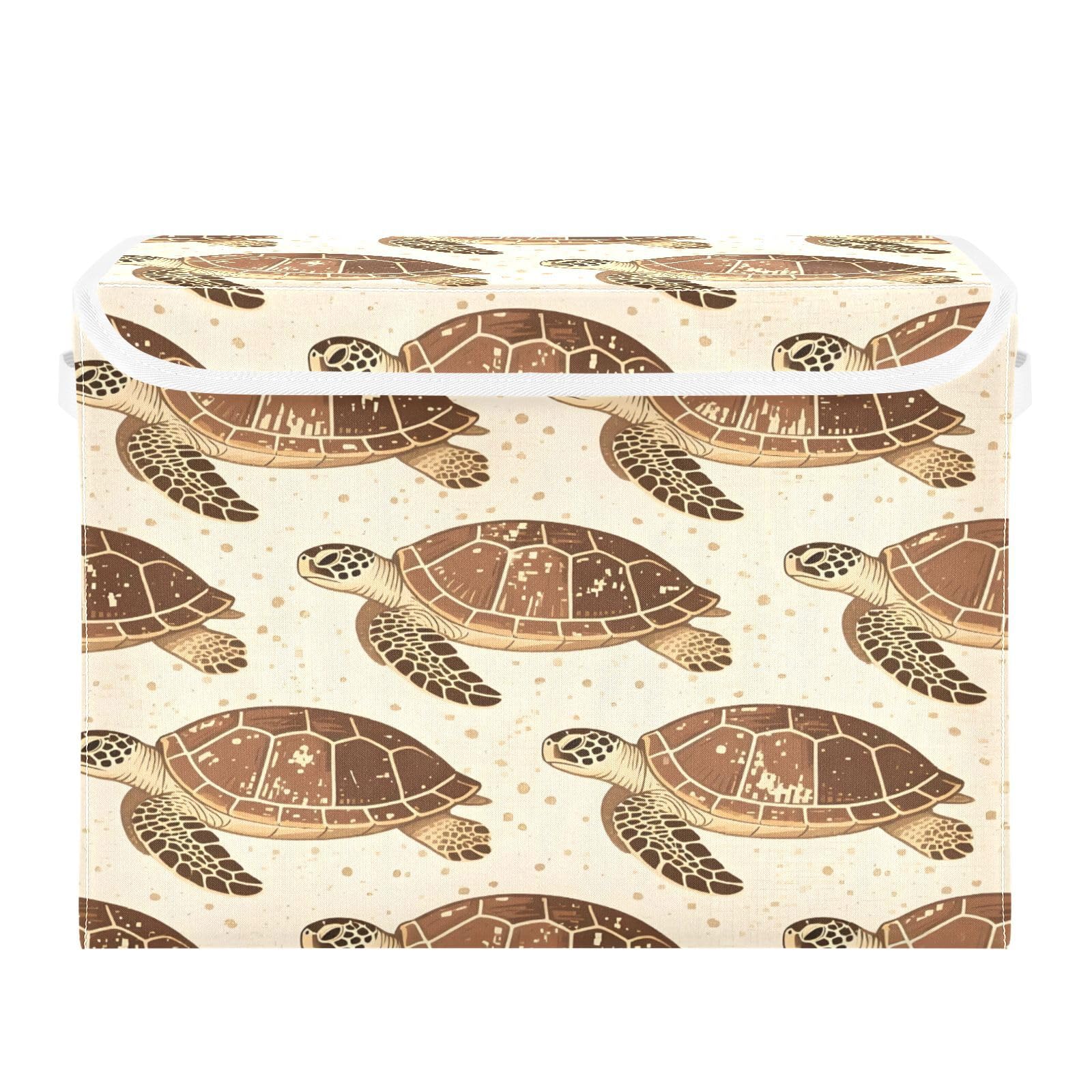 Ewusp Turtle Fabric Storage Bin with Lid, Decorative Foldable Storage Basket with Handles, Stackable Closet Shelf Organiser Box for Clothes, Books, Bedroom, Living Room