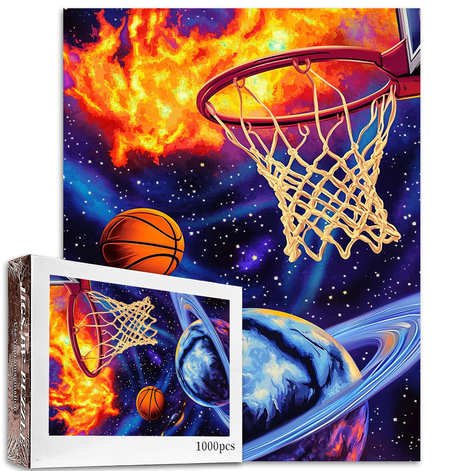 Tucocoo Basketball with Flames Jigsaw Puzzle 1000 Pieces Puzzles for Adults, Sports Themed Fantasy Space Art Jigsaw Puzzles for Challenging Family Activity Games DIY Crafts Puzzle for Home Decor Gift