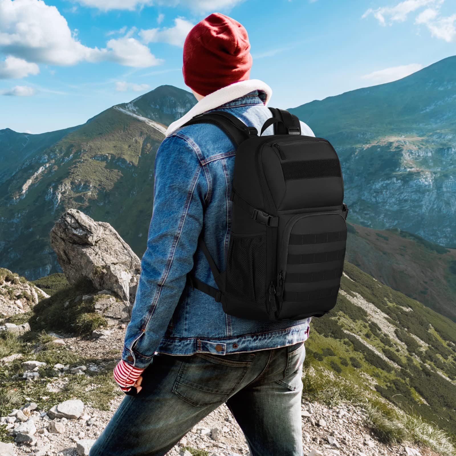 VINBAGGE Mochilas Camping,Mochila Senderismo Mochilas de Viaje Mochila Deporte Mochilas Tacticas Actividades al Aire Libre Acampar/Senderismo/Caza/Montañismo/Montar Bicicleta/30L-Negro
