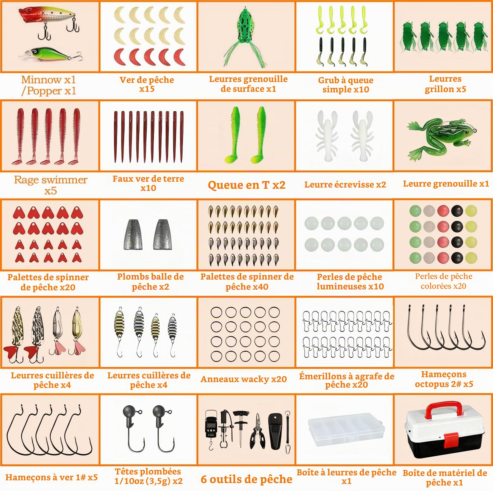 213 Pièces Kit Materiel de Peche avec Mallette Pêche, Clips Lèvres, Extracteur Hameçon, Leurre Souple, Accessoire Peche, Article Peche Mer Convient Eau Douce et Eau Salée Tous Les Poissons