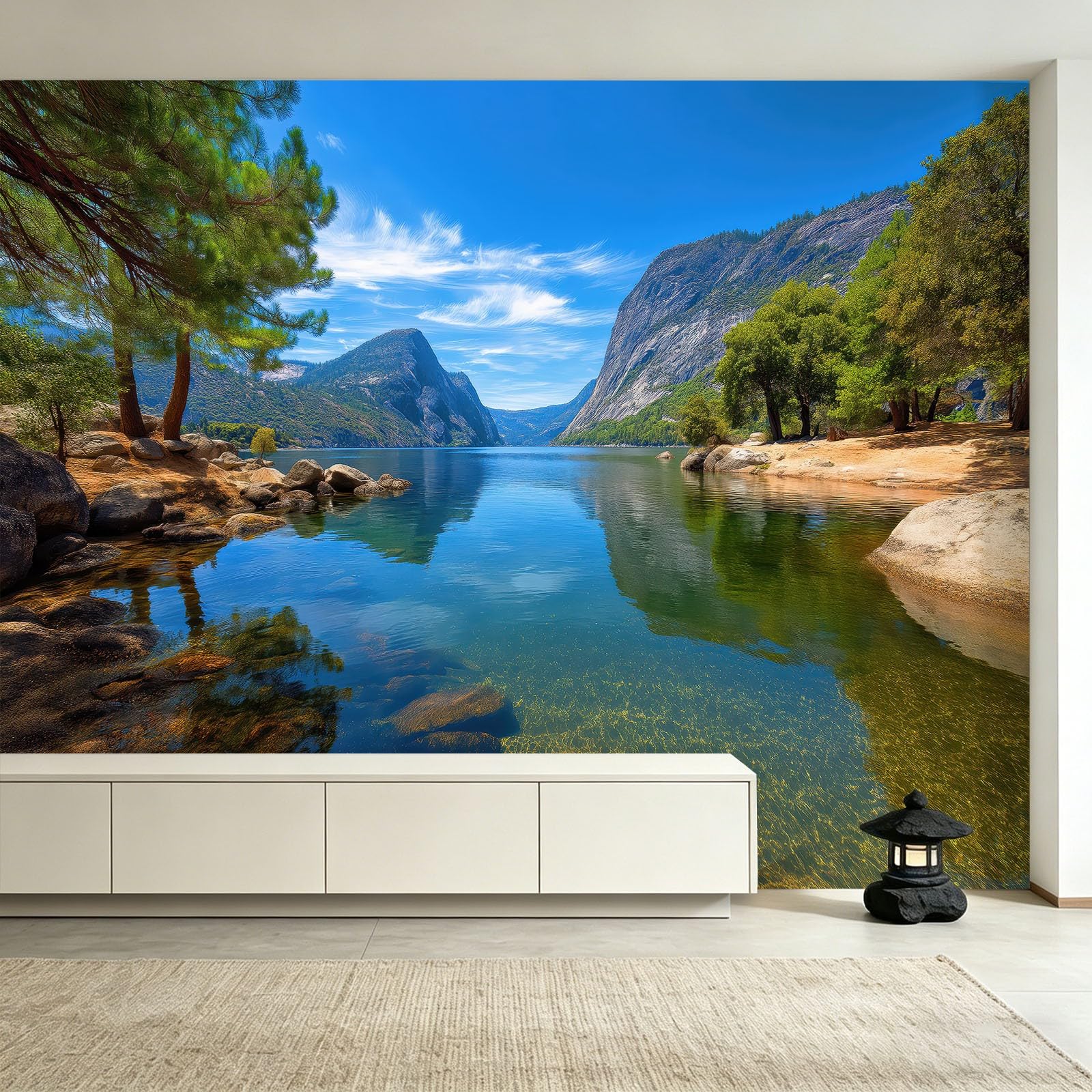 Papel pintado decorativo mural – Fotografía de naturaleza Eau de Lac Montañas – 400 x 280 cm grande – Mural Intejido – Póster mural Aesthetic Wall – Oficina Sala de Reuniones Sala
