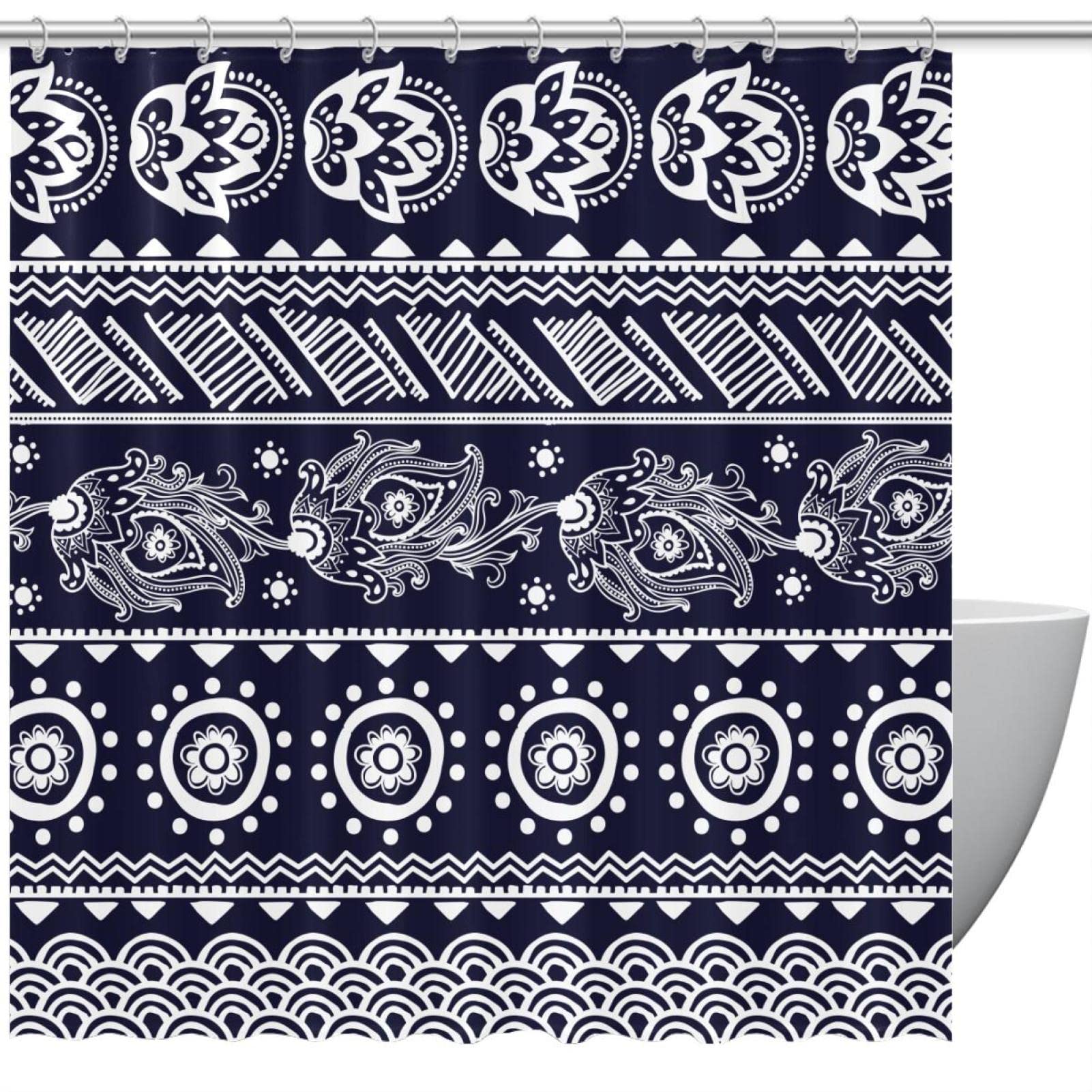 Rideau de douche rétro ethnique bohème floral imperméable 183x183cm pour salle de bain