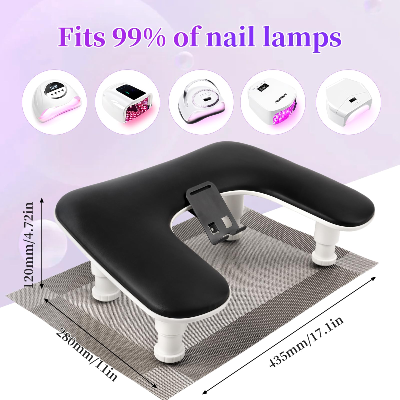 Reposabrazos para manicura con soporte giratorio para teléfono para técnicos de uñas, reposamanos ajustable en forma de U para uñas, cuero PU, Apoyos para las manos (Negro)