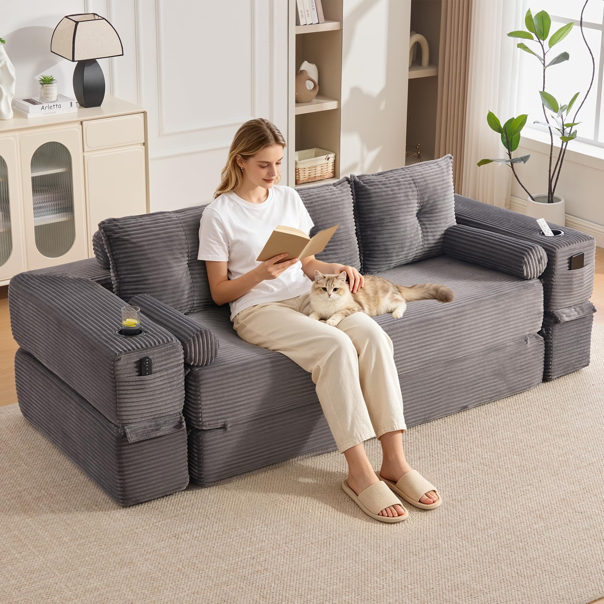 Zepneiy Canapé Compressé avec Oreiller à mémoire de Forme et 2 oreillers décoratifs, Canapé 3 Places avec Poches et Porte-gobelet, Canapé Pliant en Corde avec Mousse Haute densité, Gris Foncé