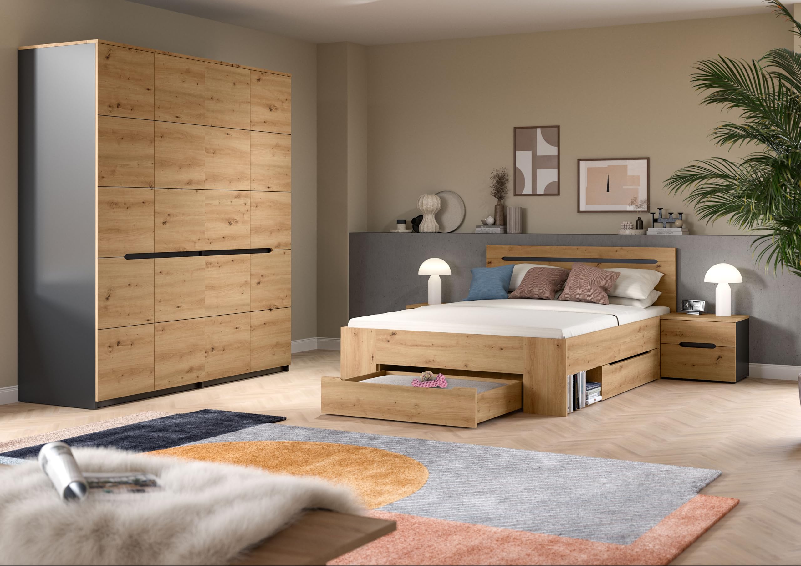 xonox.home – 4 TLG. Schlafzimmer-Set Canu in Artisan Eiche Nachbildung und Athrazit – Modernes Schlafzimmer mit viel Stauraum – stilvoll, langlebig & pflegeleicht