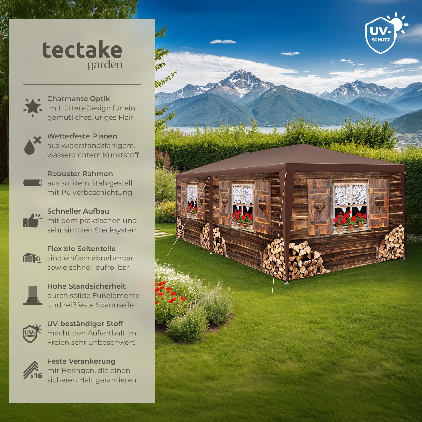 tectake® Garten oder Festival Pavillon, Zelt, Almchalet 3D Design, mit 6 Seitenteile, Partyzelt für Terrasse, Unterstand für Gartenmöbel, Event Shelter, Verkaufsstand (3x6 m)